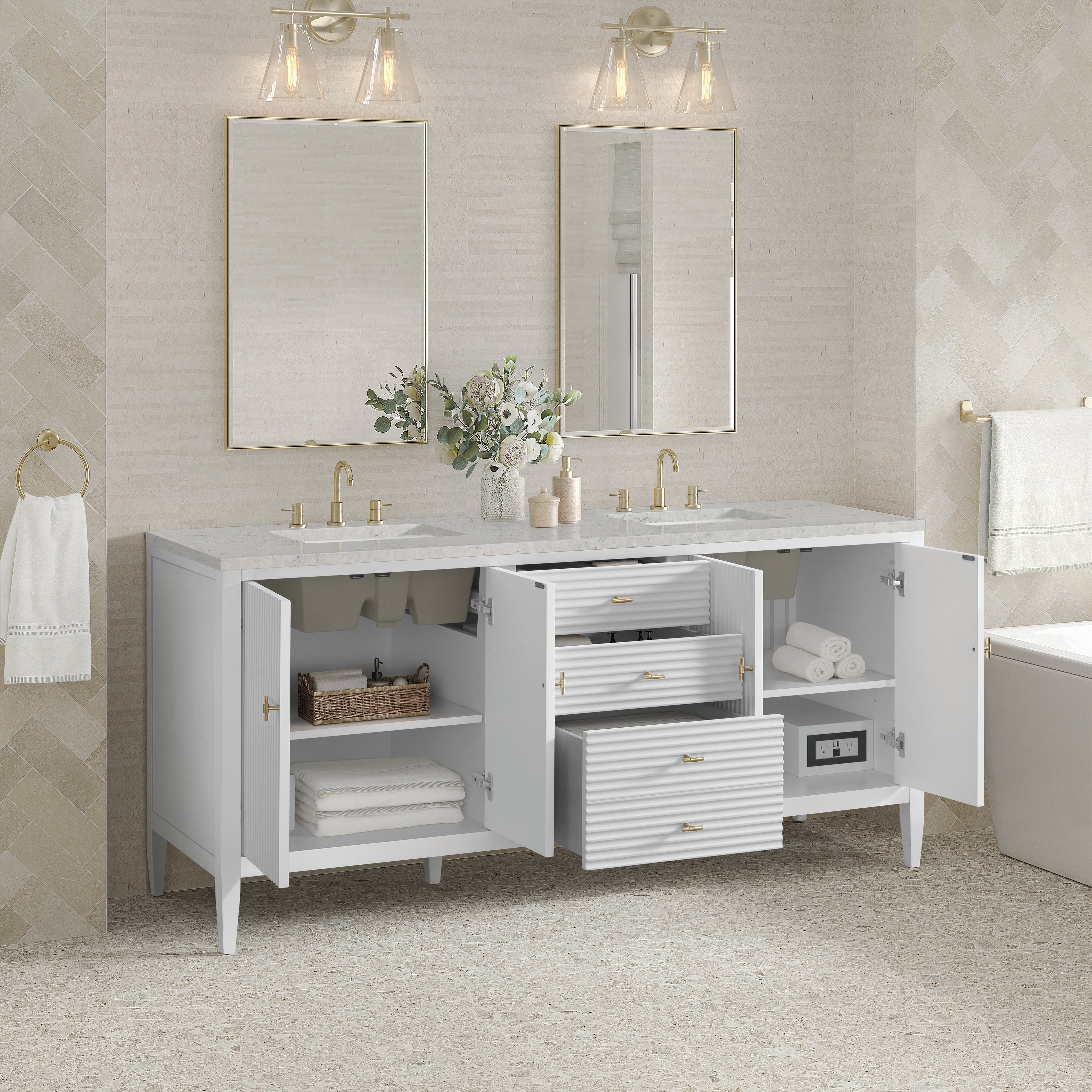 James Martin Myrrin 72" Double Vanity in Bright White with 3cm Countertop