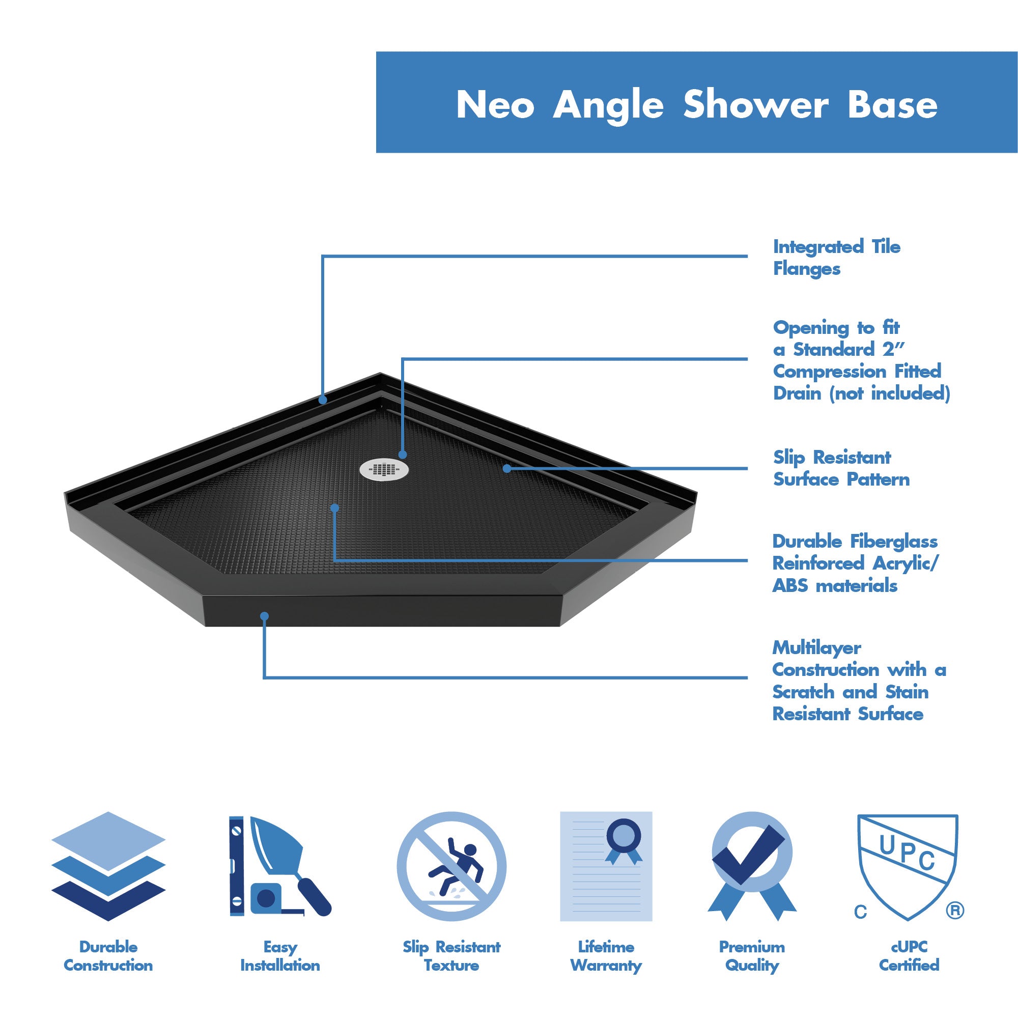 DreamLine SlimLine 42" D x 42" W Corner Shower Base