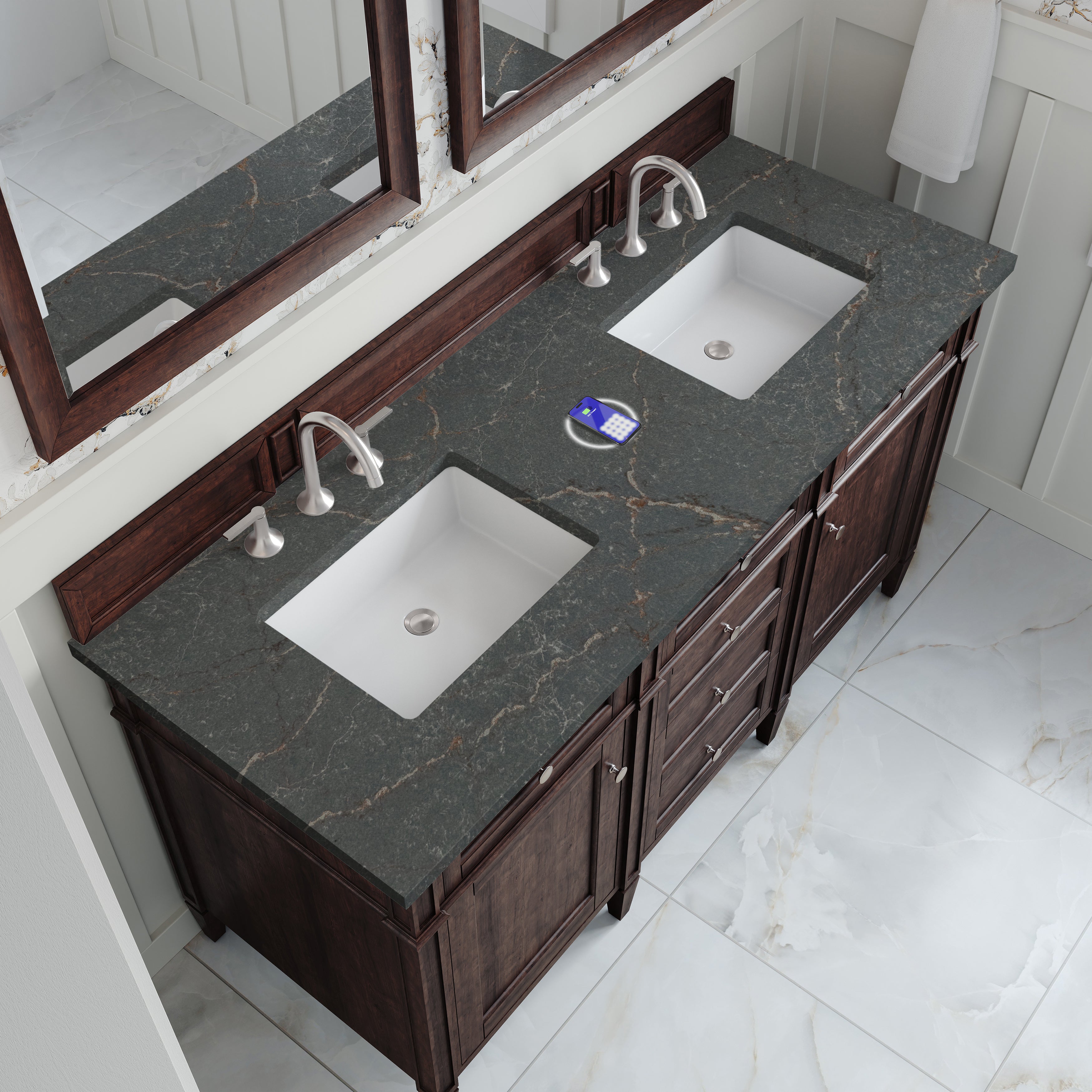James Martin Brittany 60" Double Vanity in Burnished Mahogany with 3cm Countertop and FreePower Wireless Charger