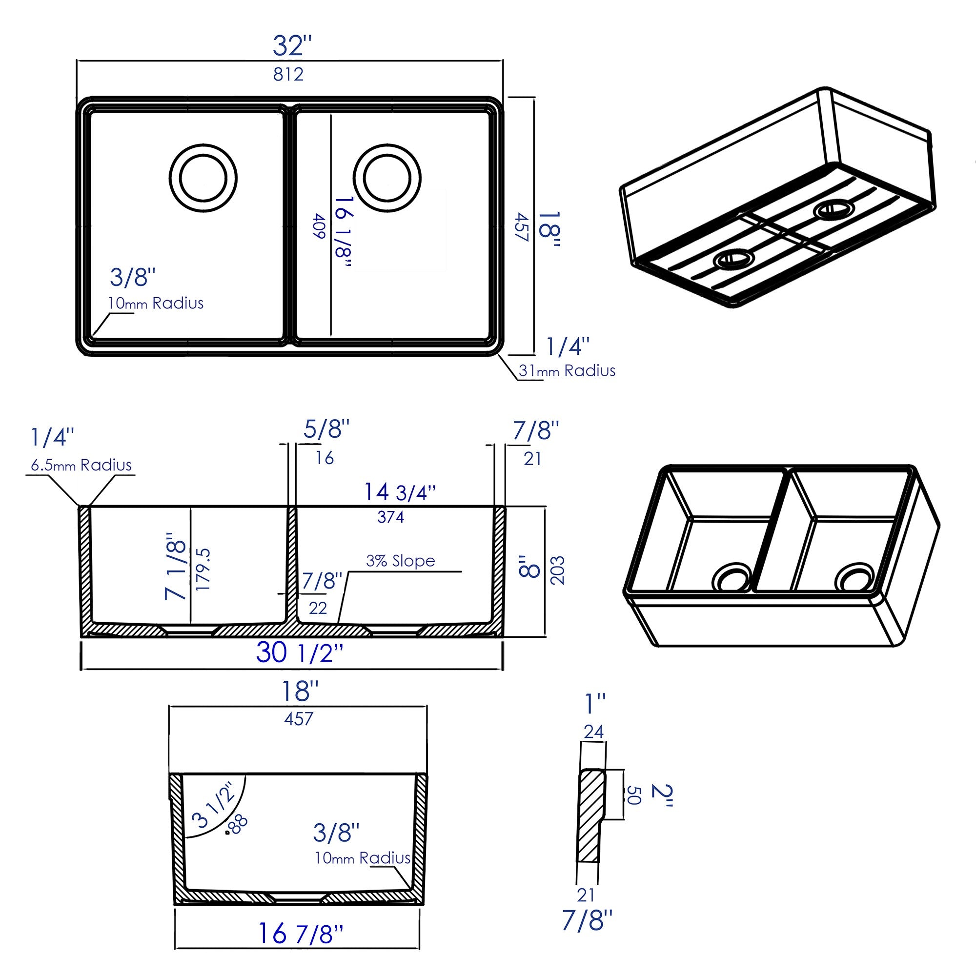 ALFI brand AB512UM AB512UM-W 32 inch White Double Bowl Fireclay Undermount Kitchen Sink