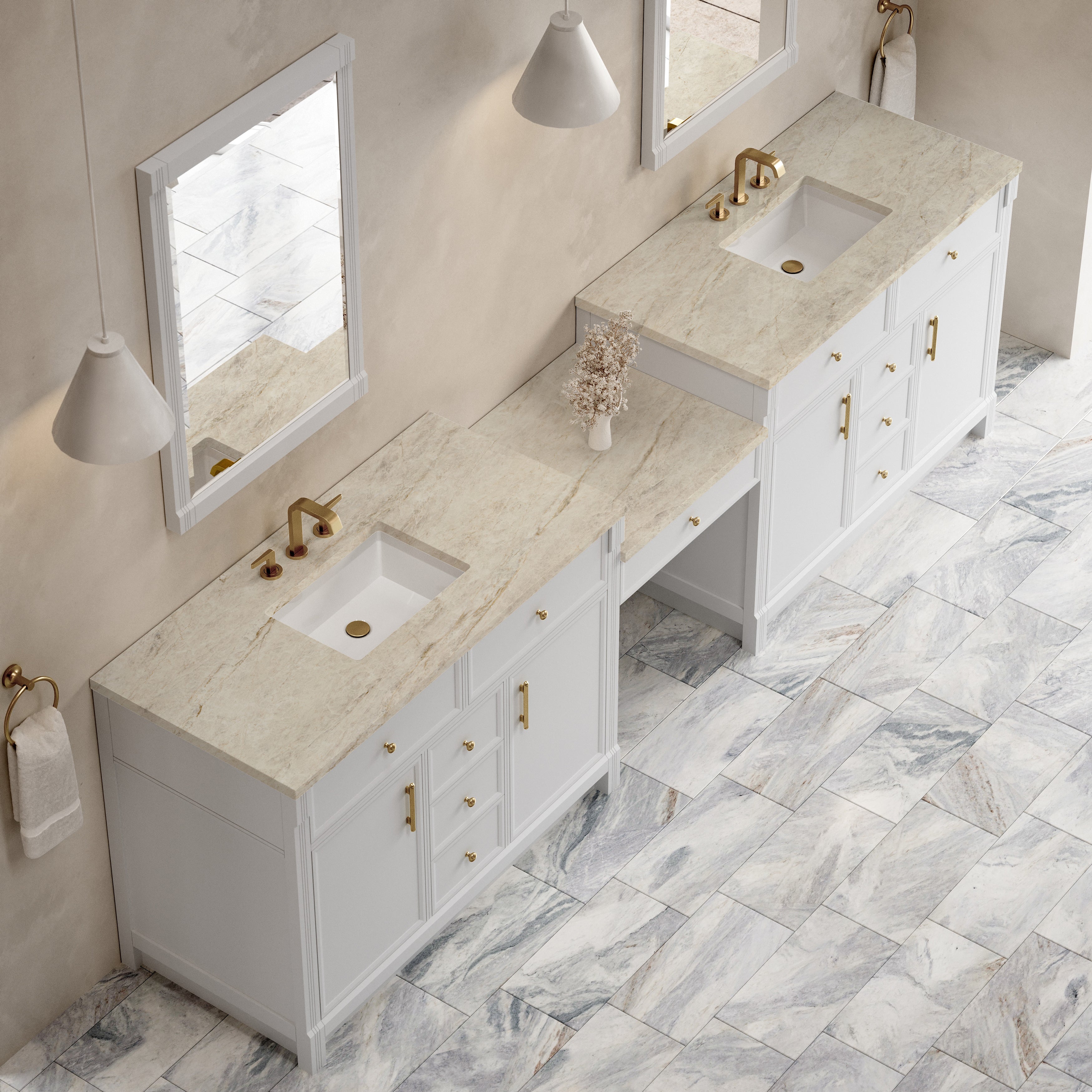 James Martin Bellshire 120" Dual Vanity Set with 24" Make-Up Counter in Bright White with 3cm Countertop