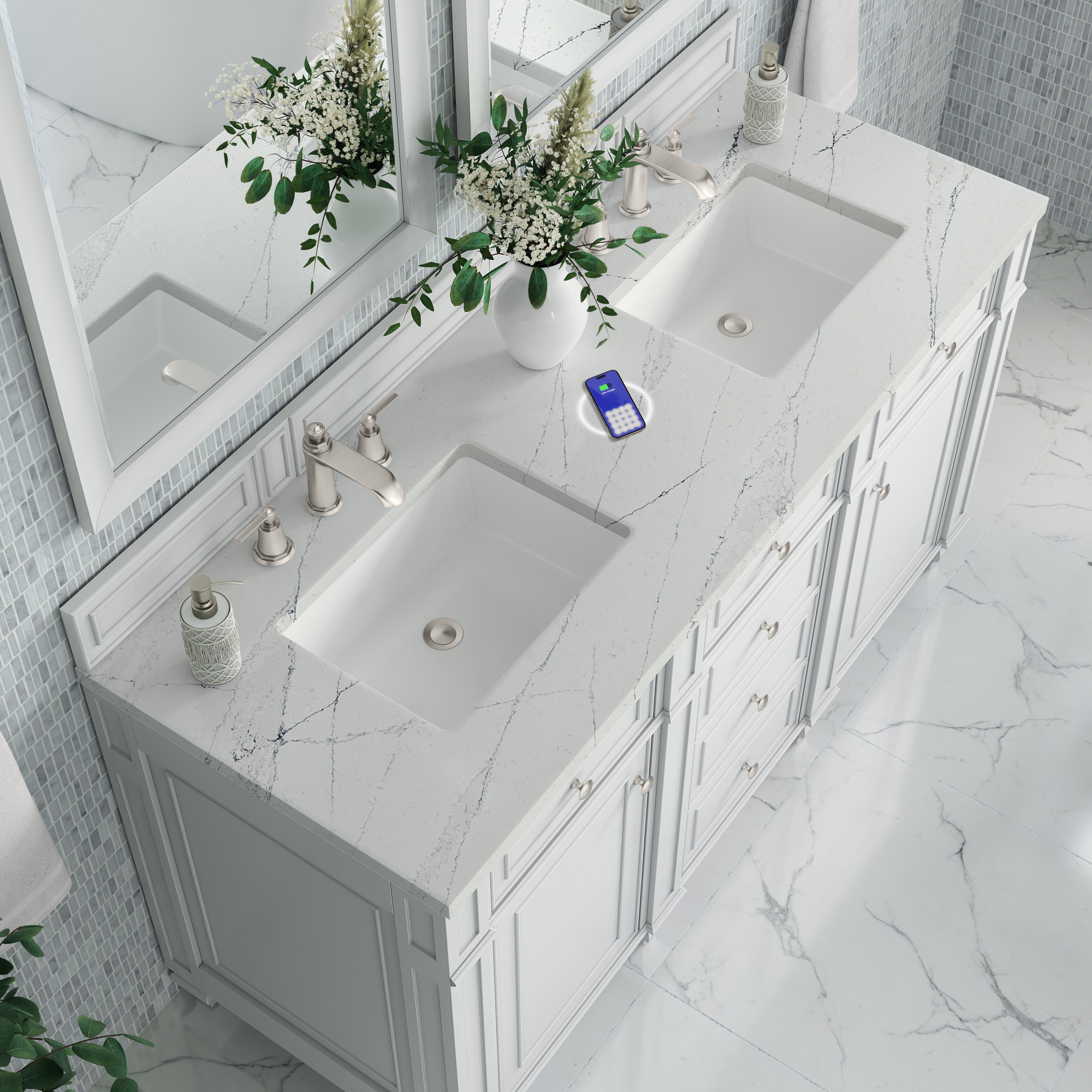 James Martin Bristol 60" Double Vanity in Bright White with 3cm Countertop and FreePower Wireless Charger