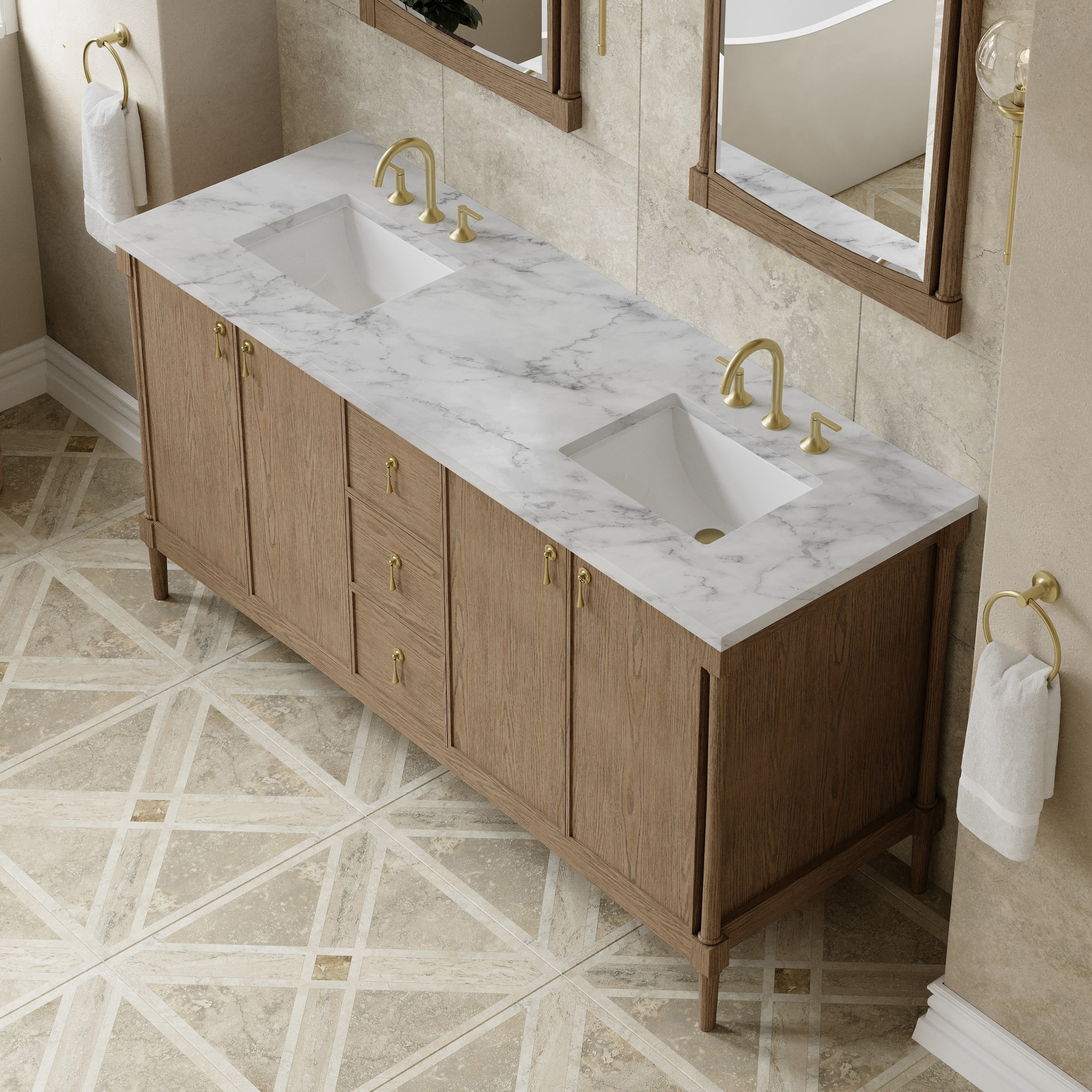James Martin Kinnsden 72" Double Vanity in Weathered Oak with 3cm Carrara Marble Top