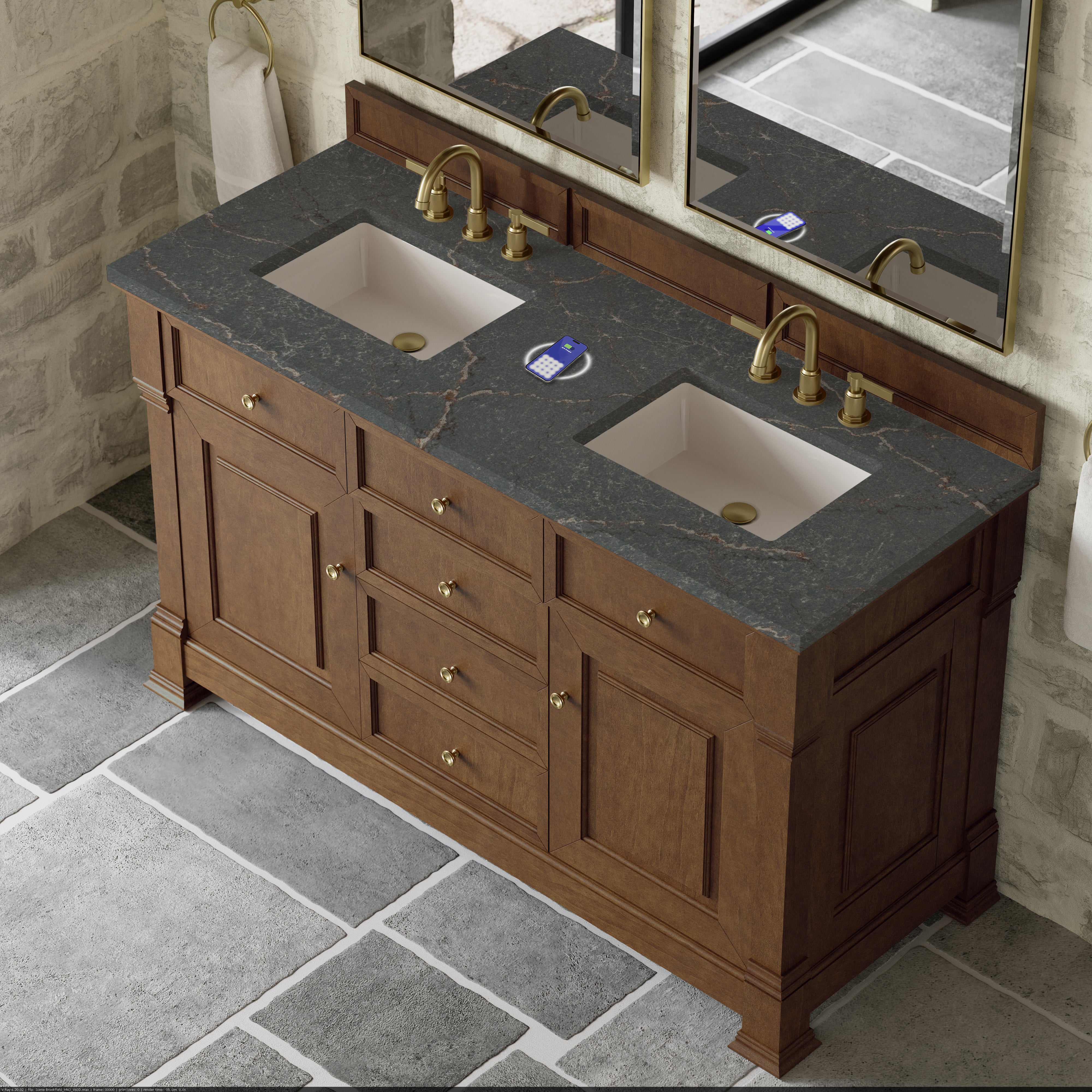 James Martin Brookfield 60" Double Vanity in Honey Oak with 3cm Countertop and FreePower Wireless Charger