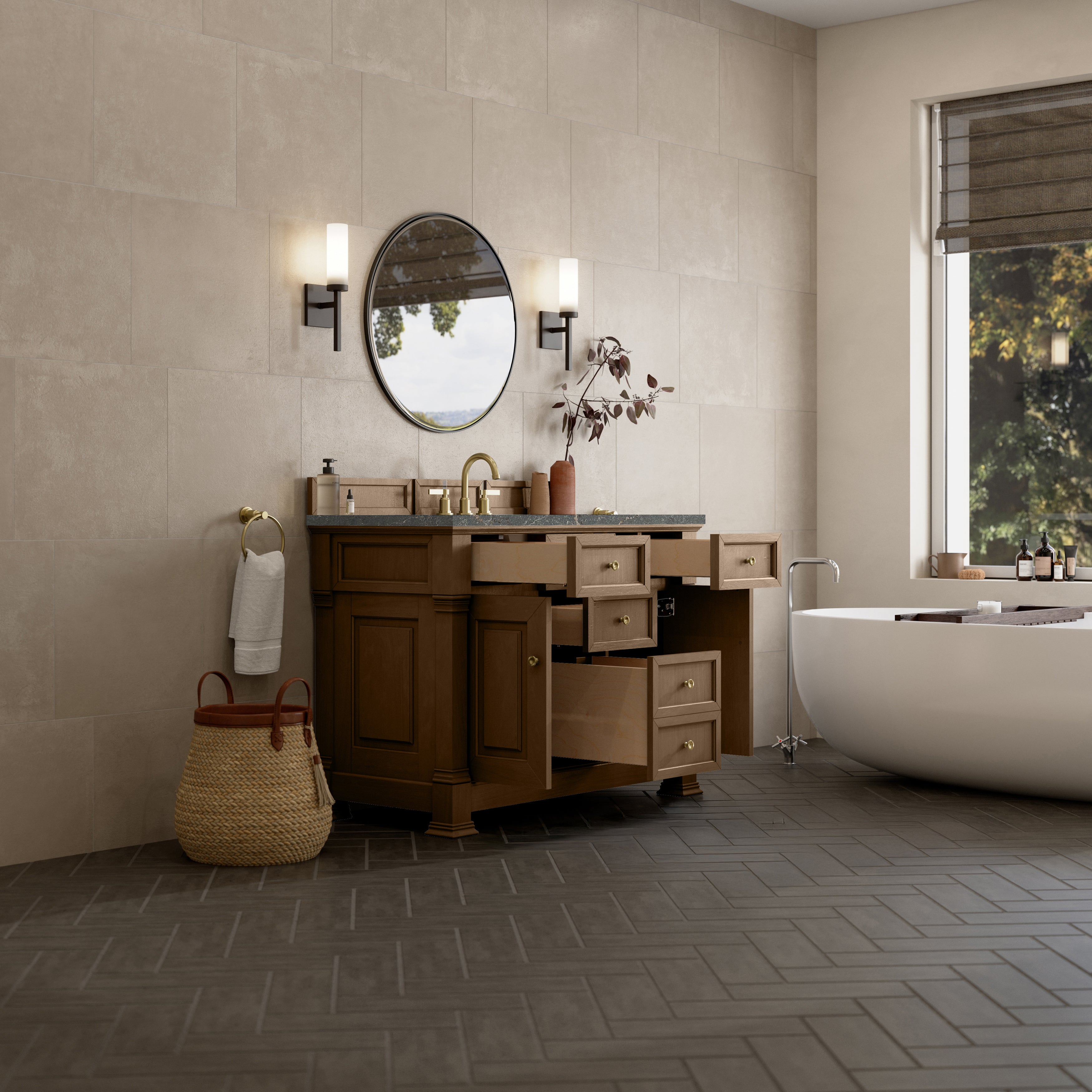 James Martin Brookfield 48" Single Vanity in Pecan with 3cm Countertop and FreePower Wireless Charger