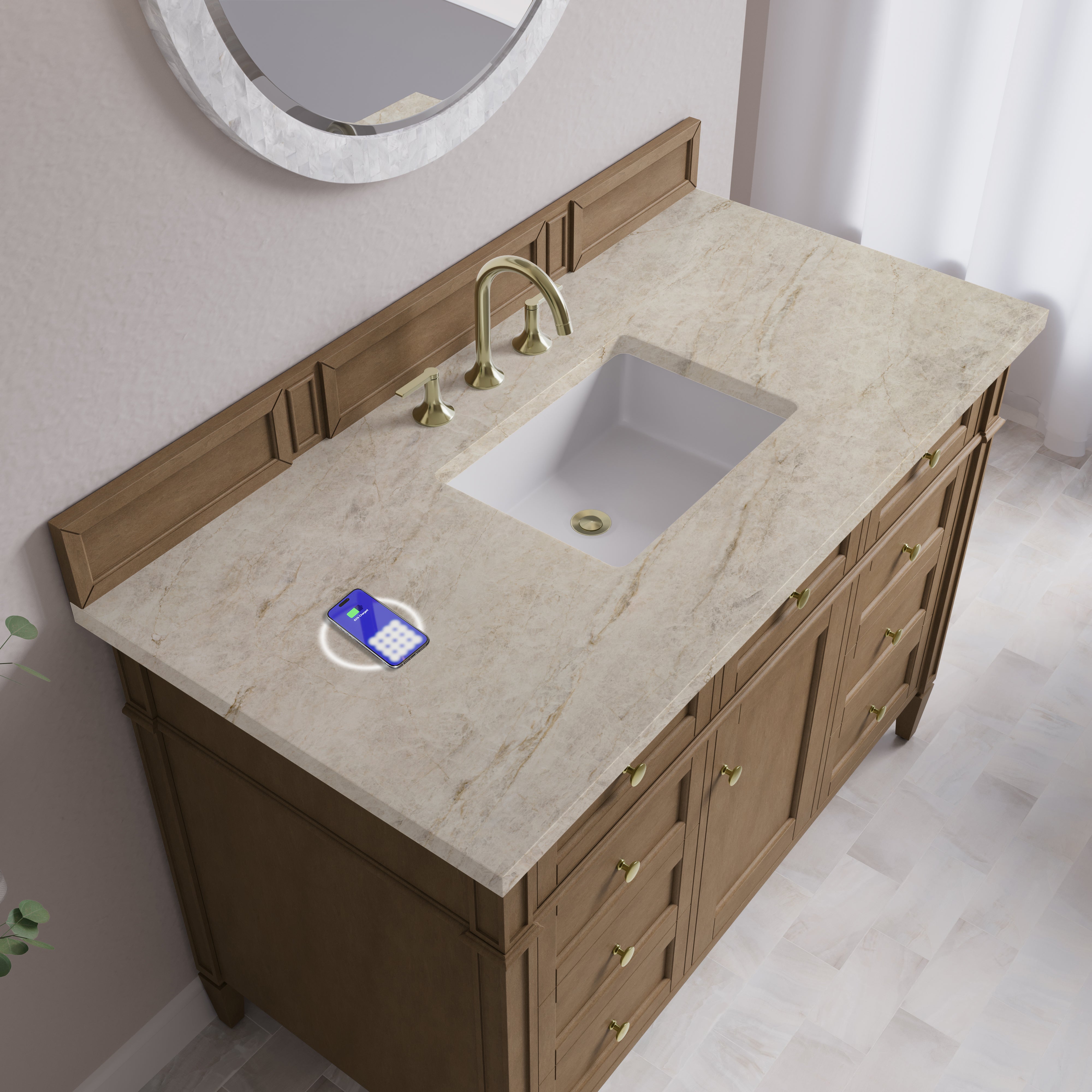 James Martin Brittany 48" Single Vanity in Pecan with 3cm Countertop and FreePower Wireless Charger