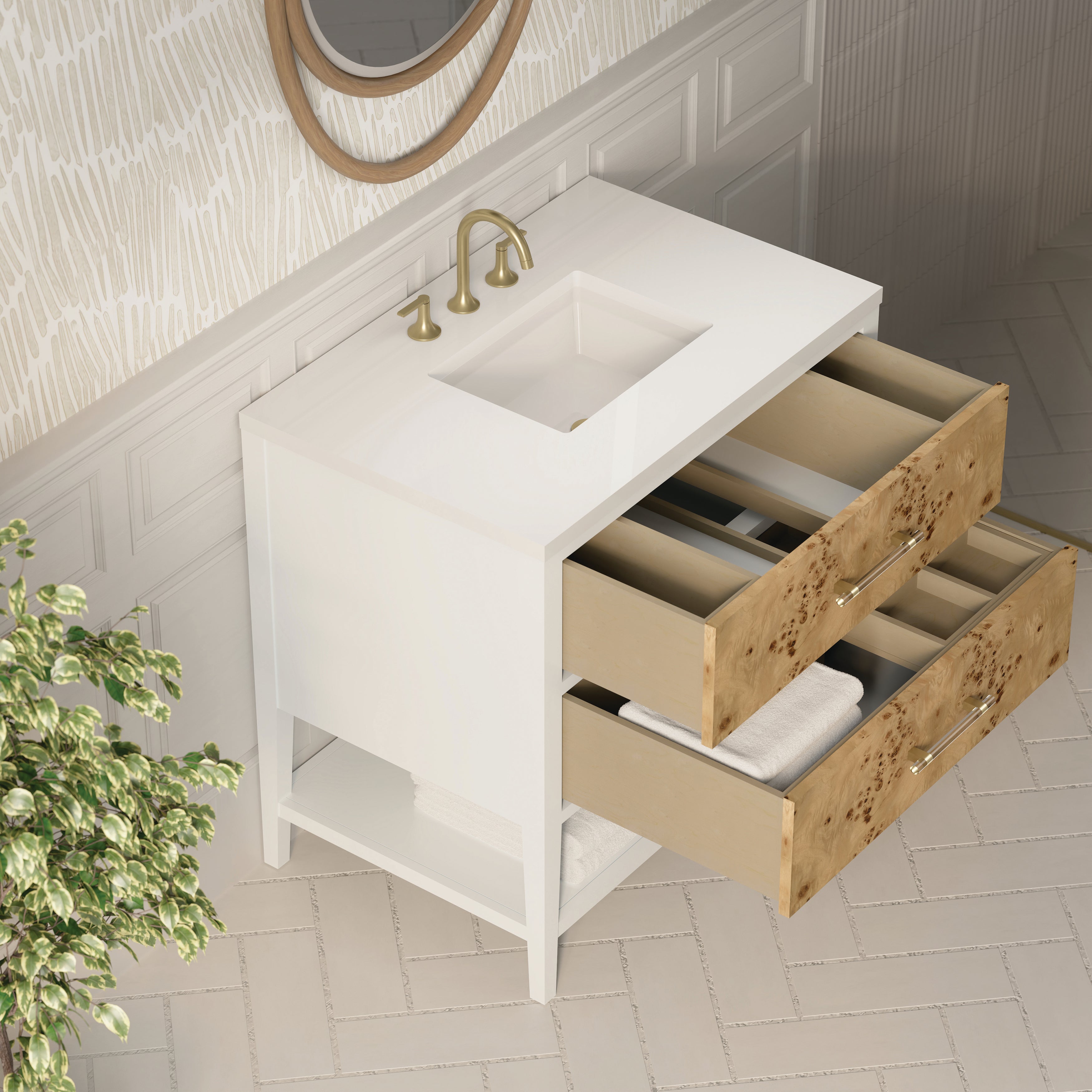 James Martin Olena 36" Single Vanity in Light Mappa Burl and Polished White with 3cm Countertop