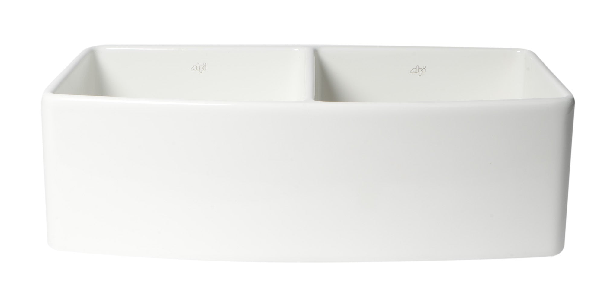 ALFI brand ABFC3320D ABFC3320D-W White Smooth Curved Apron 33" x 20" Double Bowl Fireclay Farm Sink with Grid