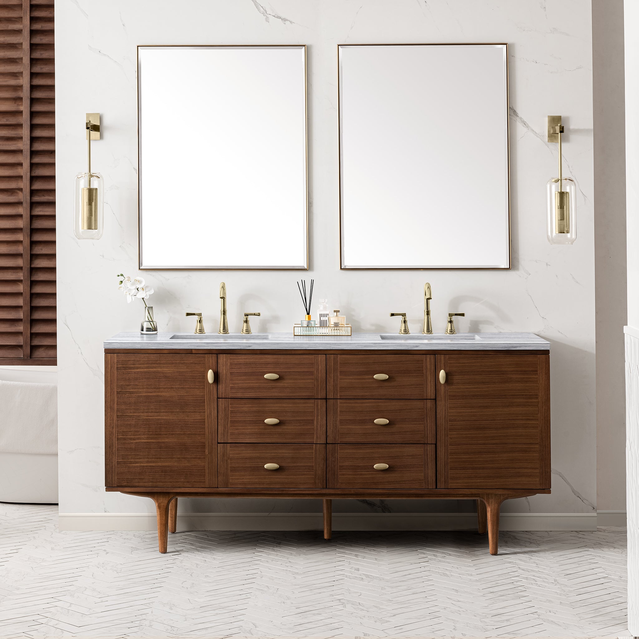 James Martin Amberly 72" Double Vanity in Mid-Century Walnut with 3cm Countertop