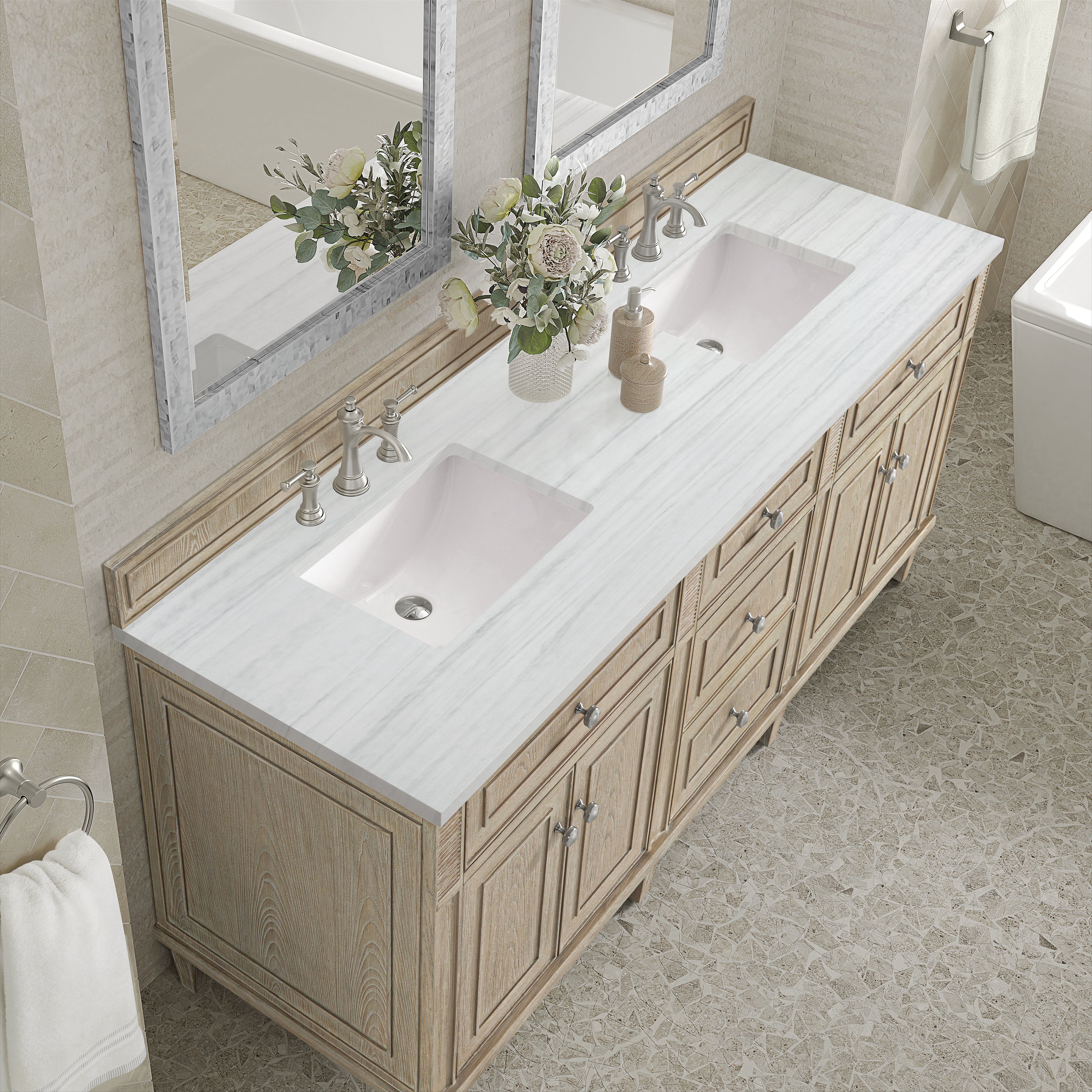 James Martin Lorelai 72" Double Vanity in Whitewashed Oak with 3cm Countertop
