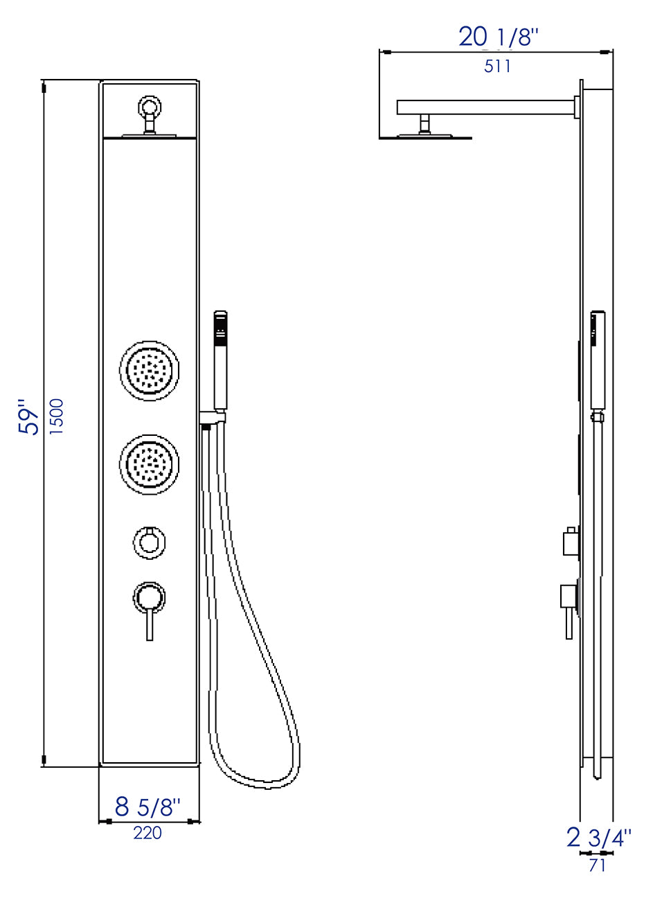 ALFI brand  ABSP55B Black Glass Shower Panel with 2 Body Sprays and Rain Shower Head