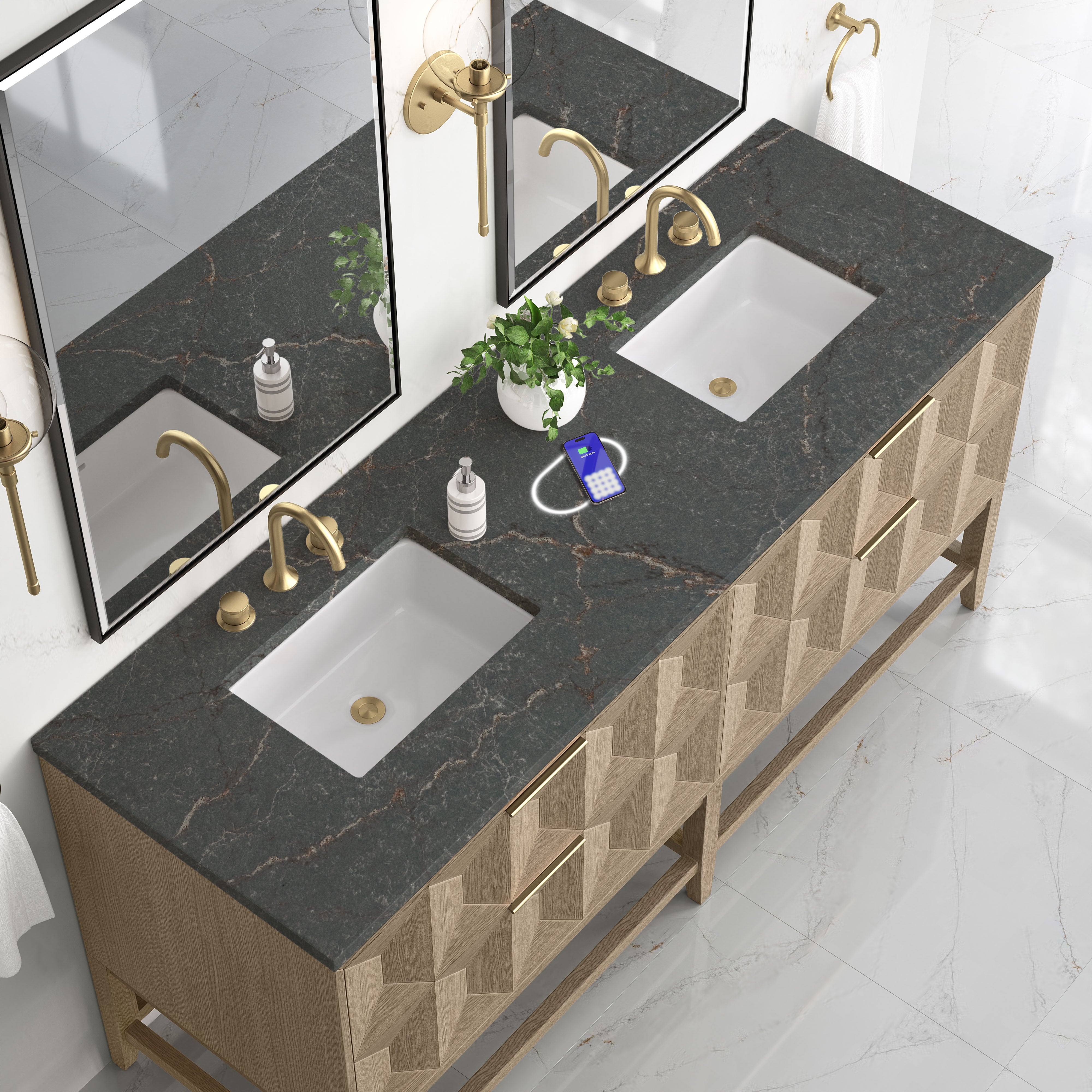 James Martin Emmeline 72" Double Vanity in Pebble Oak with 3cm Countertop and FreePower Wireless Charger