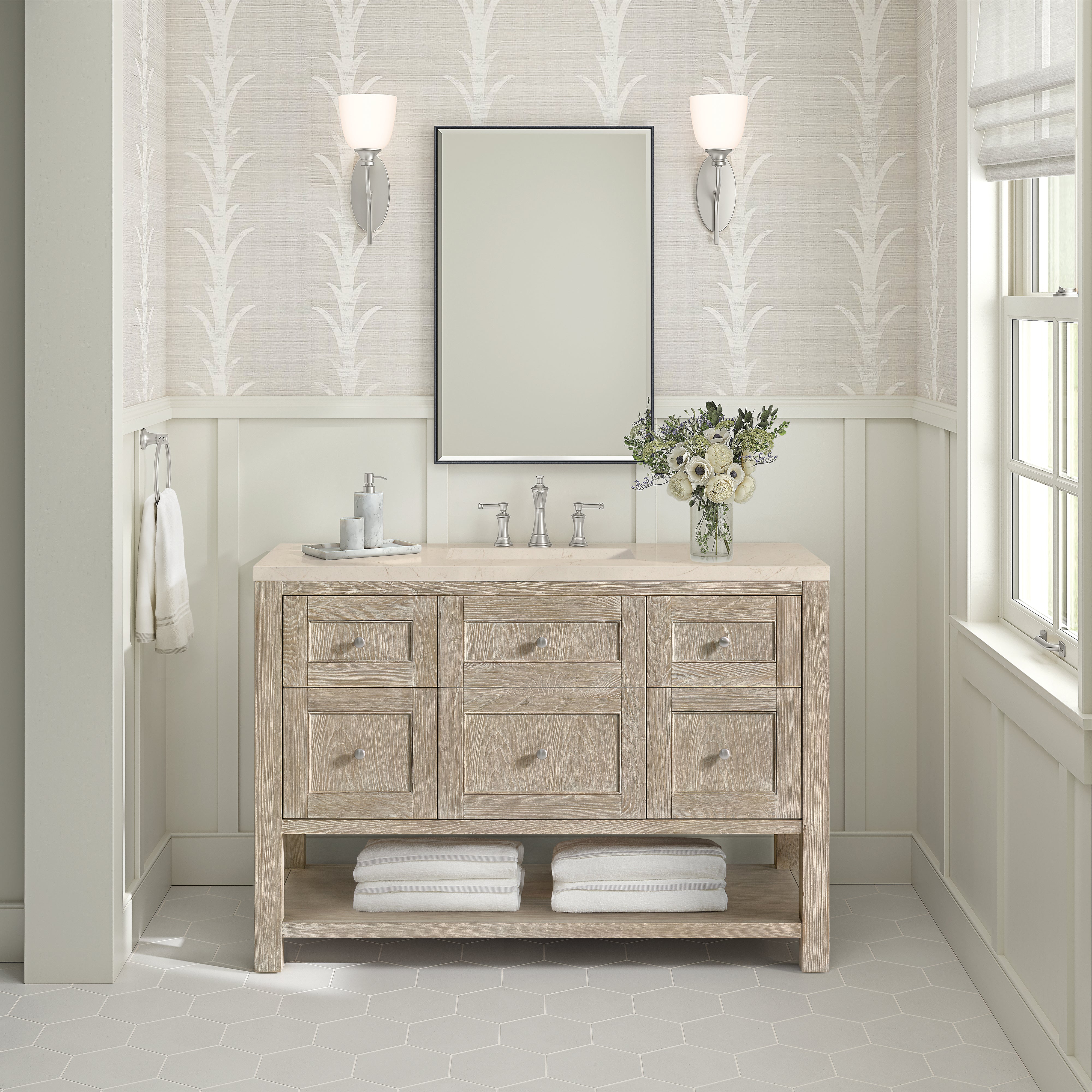 James Martin Breckenridge 48" Single Vanity in Whitewashed Oak with 3cm Countertop and FreePower Wireless Charger