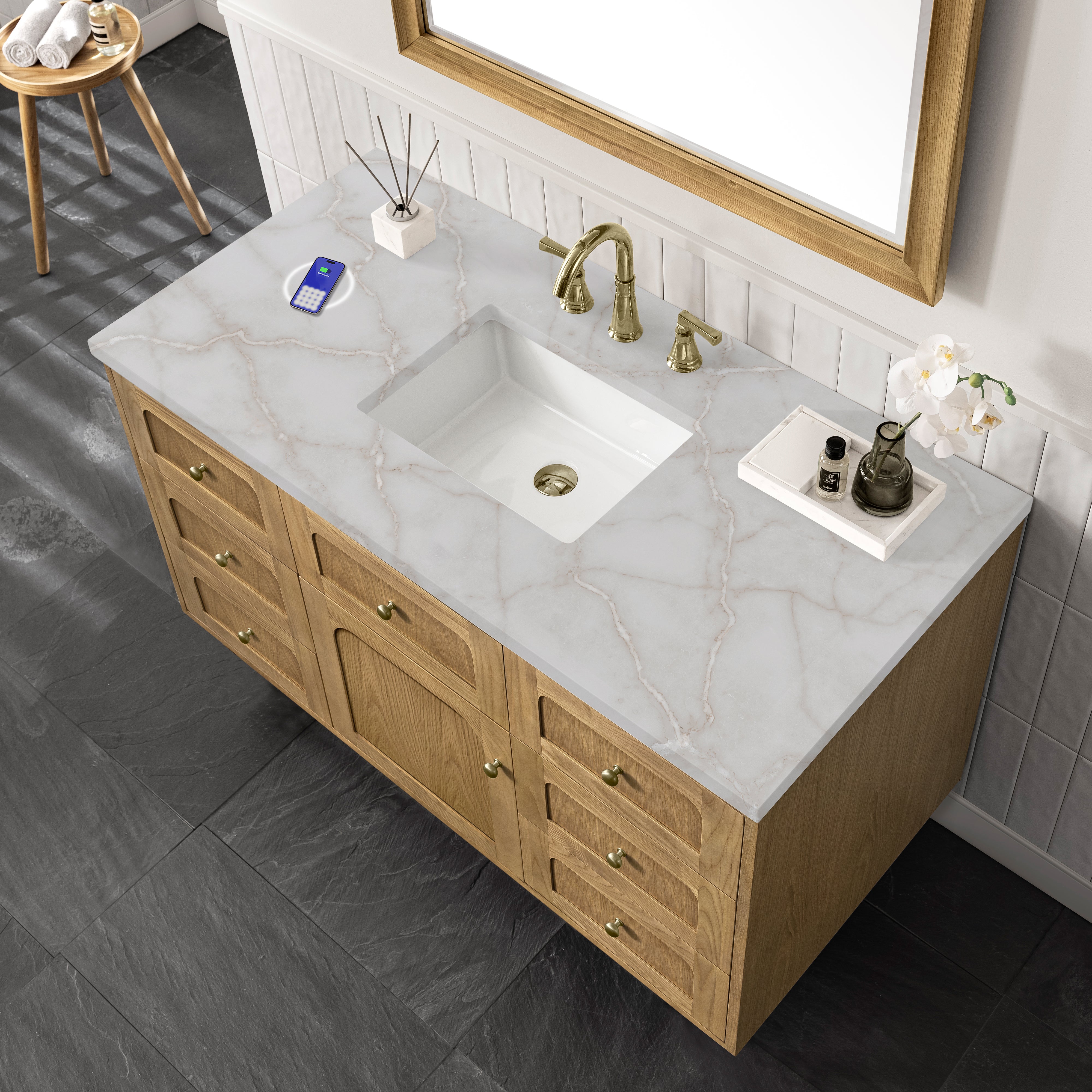 James Martin Laurent 48" Single Vanity in Light Natural Oak with 3cm Countertop and FreePower Wireless Charger