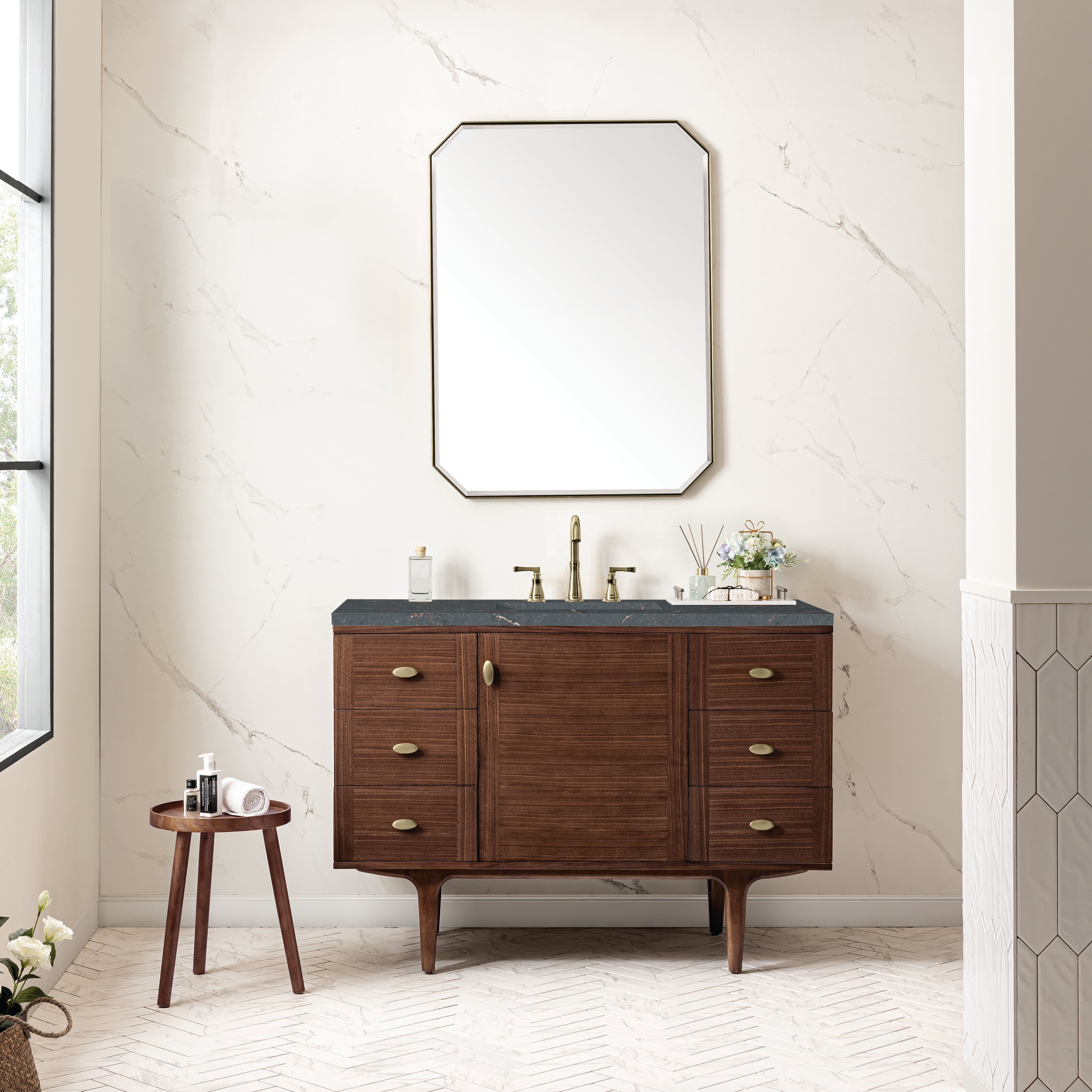James Martin Amberly 48" Single Vanity in Mid-Century Walnut with 3cm Countertop and FreePower Wireless Charger