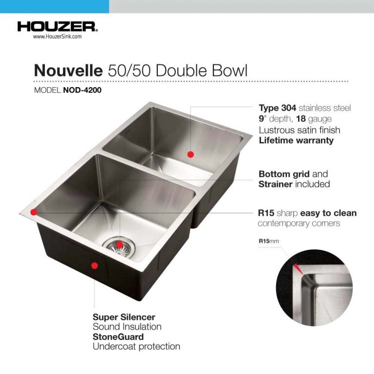 Houzer Nouvelle 31" Stainless Steel Undermount 50/50 Double Bowl Kitchen Sink with Strainer & Grid