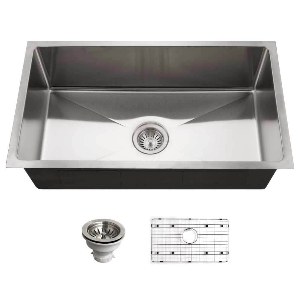 Houzer Nouvelle 31 inch Stainless Steel Undermount Single Bowl Kitchen Sink with Strainer & Grid - NOG-4150-1