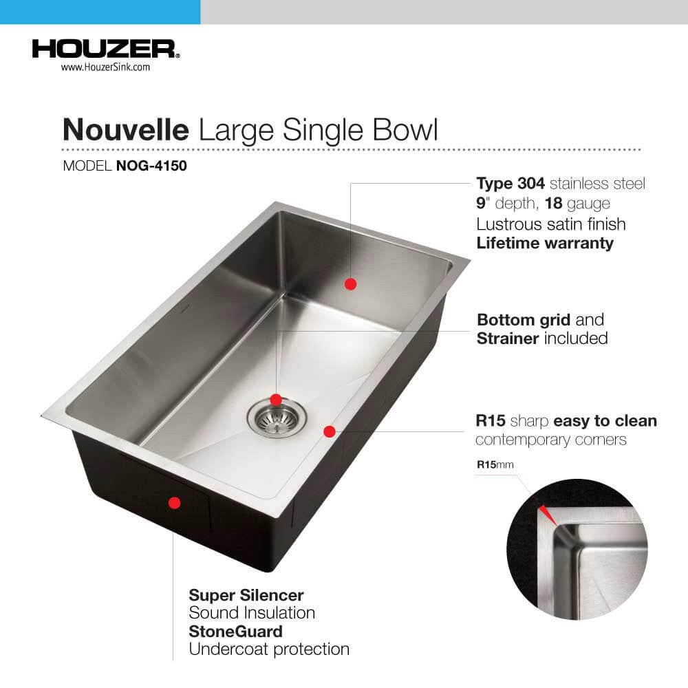 Houzer Nouvelle 31 inch Stainless Steel Undermount Single Bowl Kitchen Sink with Strainer & Grid - NOG-4150-1