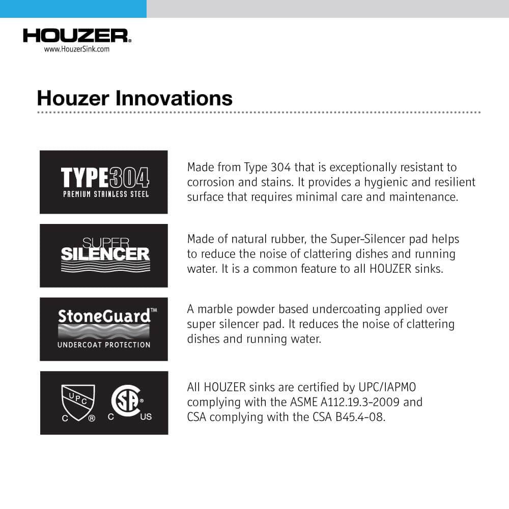 Houzer Nouvelle 31 inch Stainless Steel Undermount Single Bowl Kitchen Sink with Strainer & Grid - NOG-4150-1