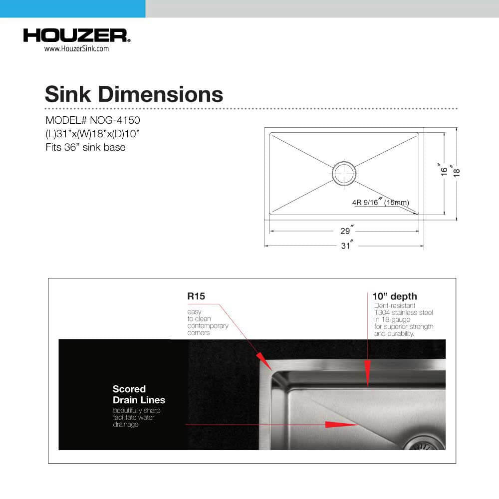 Houzer Nouvelle 31 inch Stainless Steel Undermount Single Bowl Kitchen Sink with Strainer & Grid - NOG-4150-1
