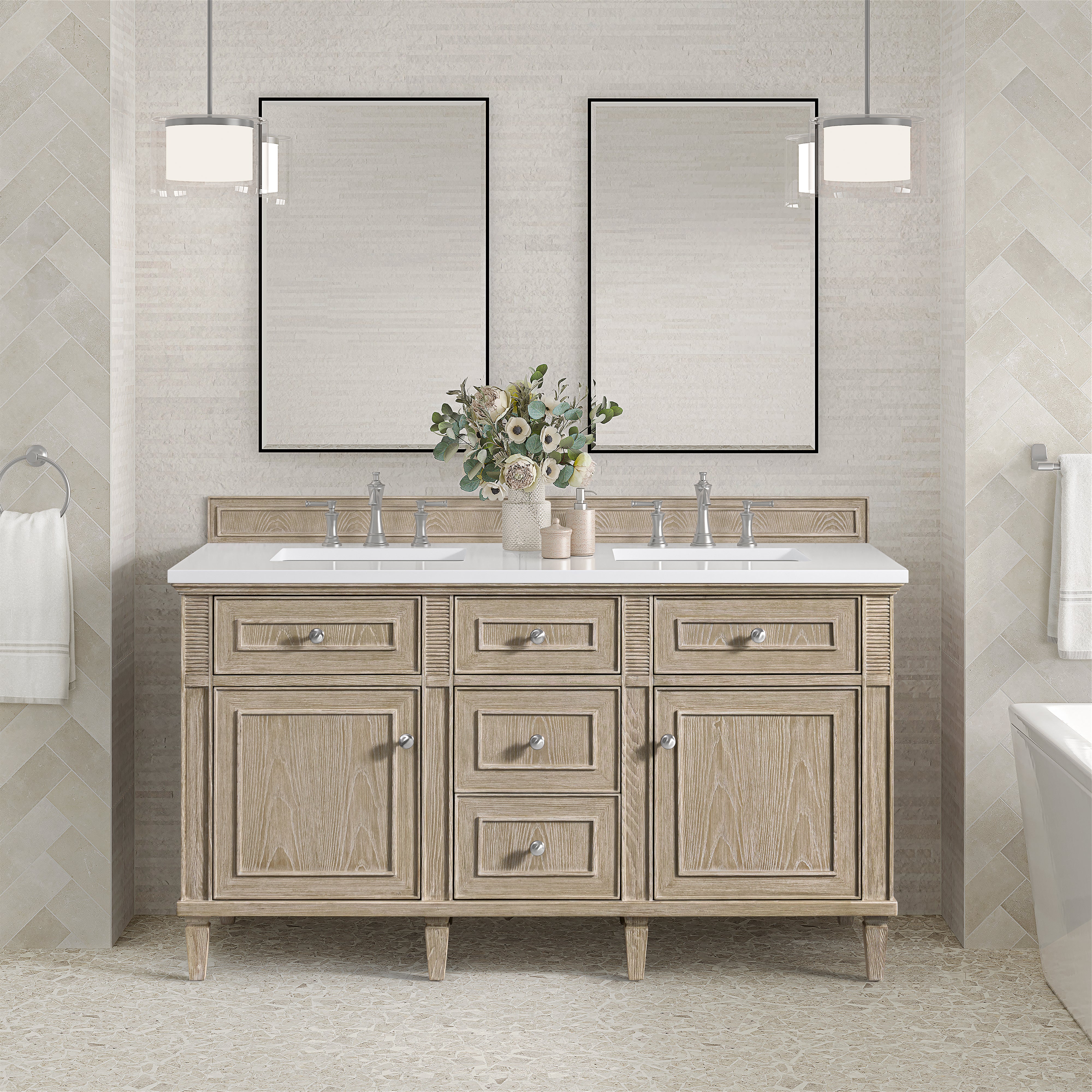 James Martin Lorelai 60" Double Vanity in Whitewashed Oak with 3cm Countertop