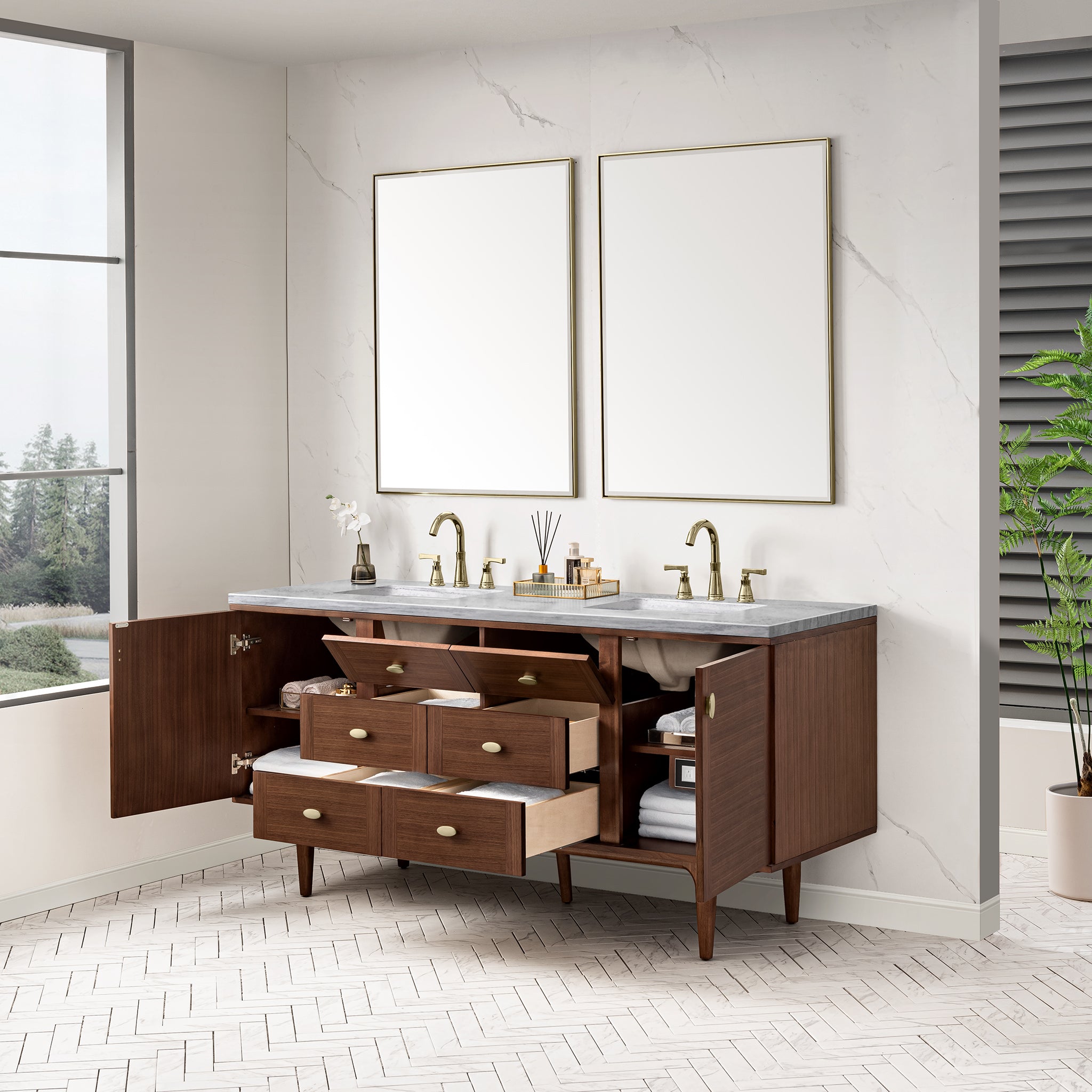 James Martin Amberly 72" Double Vanity in Mid-Century Walnut with 3cm Countertop
