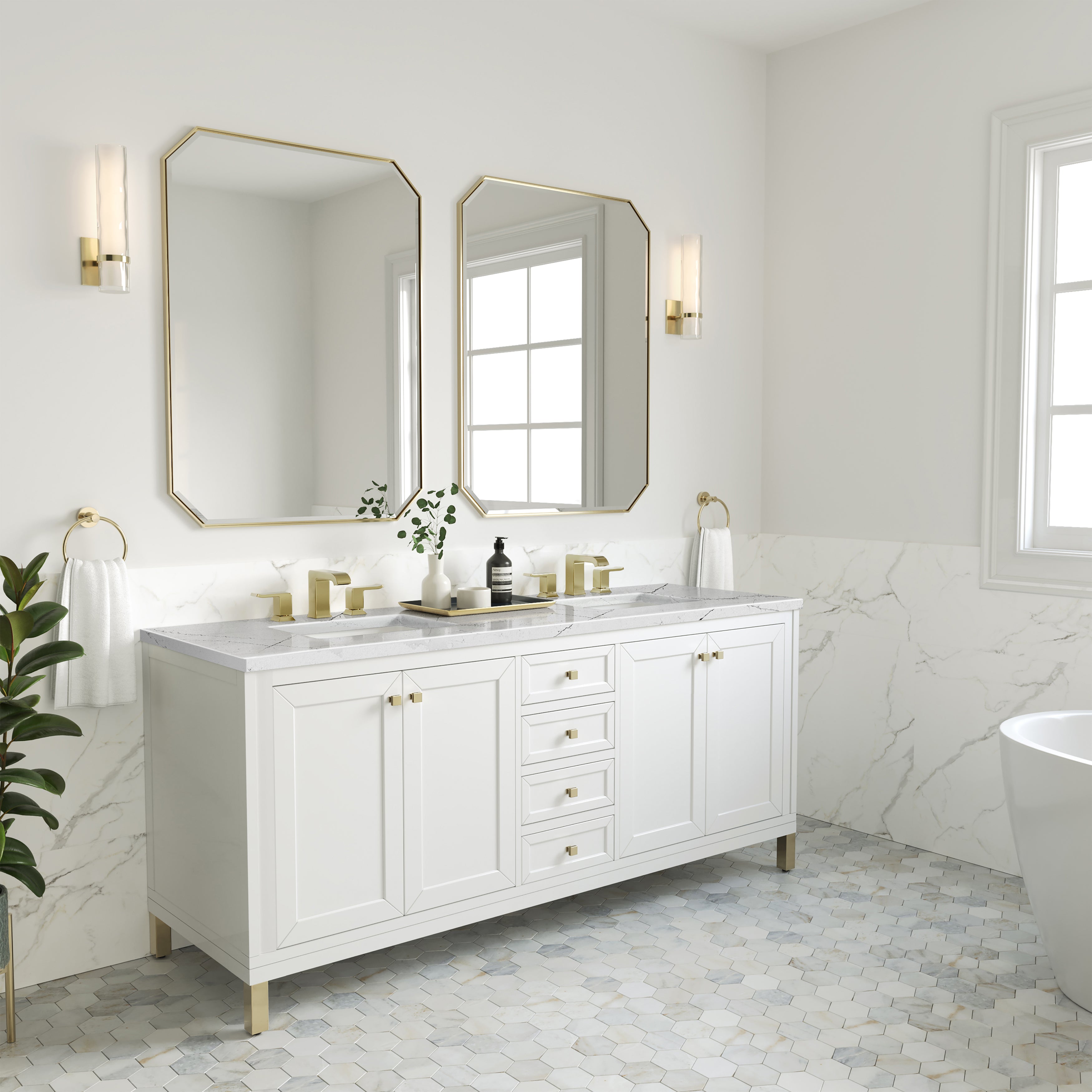 James Martin Chicago 72" Double Vanity in Glossy White with 3cm Countertop