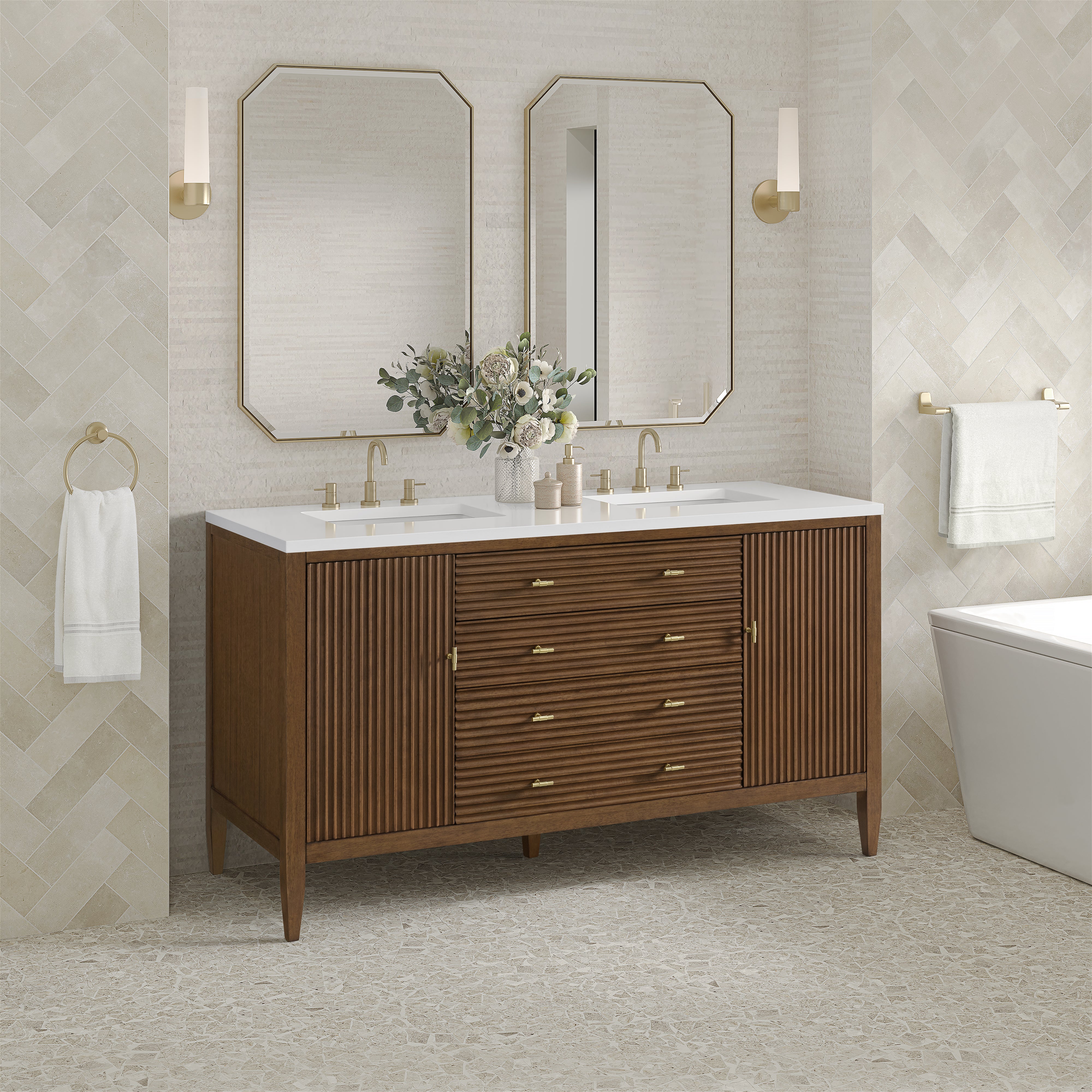 James Martin Myrrin 60" Double Vanity in Mid Century Walnut with 3cm Countertop