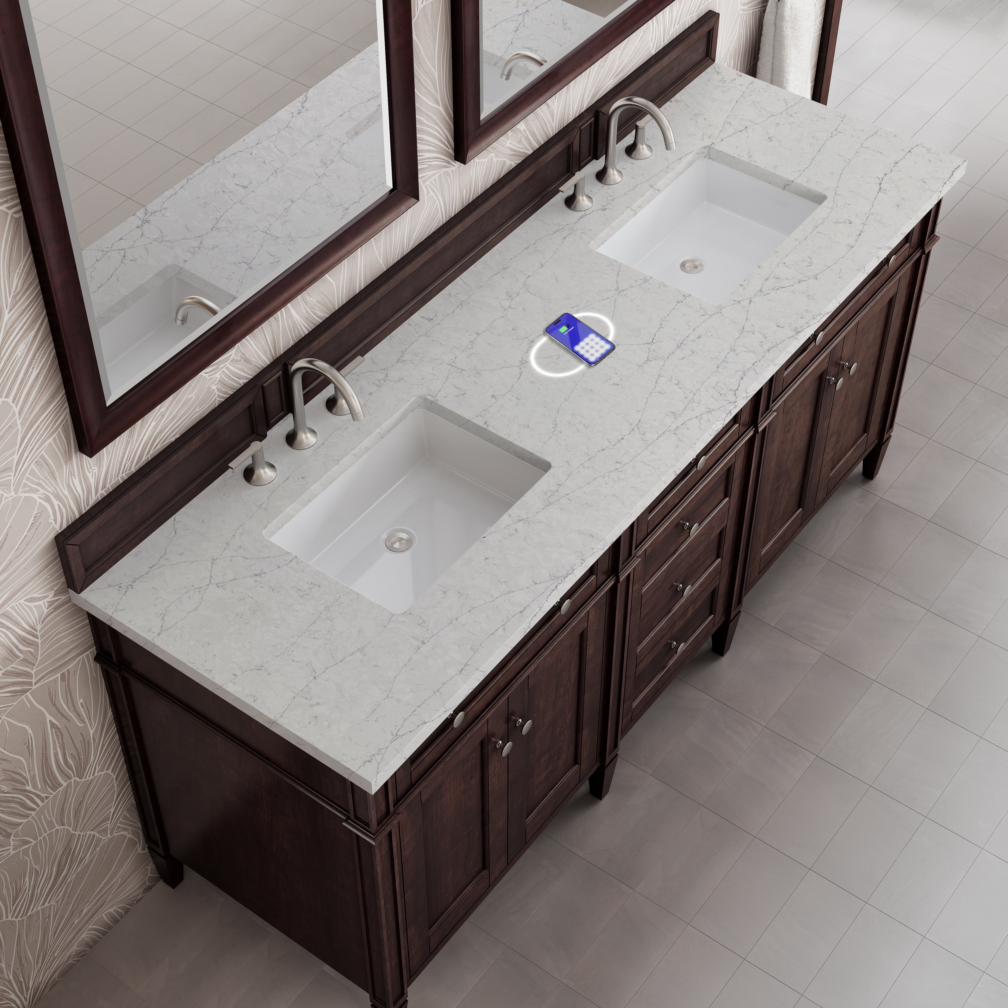 James Martin Brittany 72" Double Vanity in Burnished Mahogany with 3cm Countertop and FreePower Wireless Charger