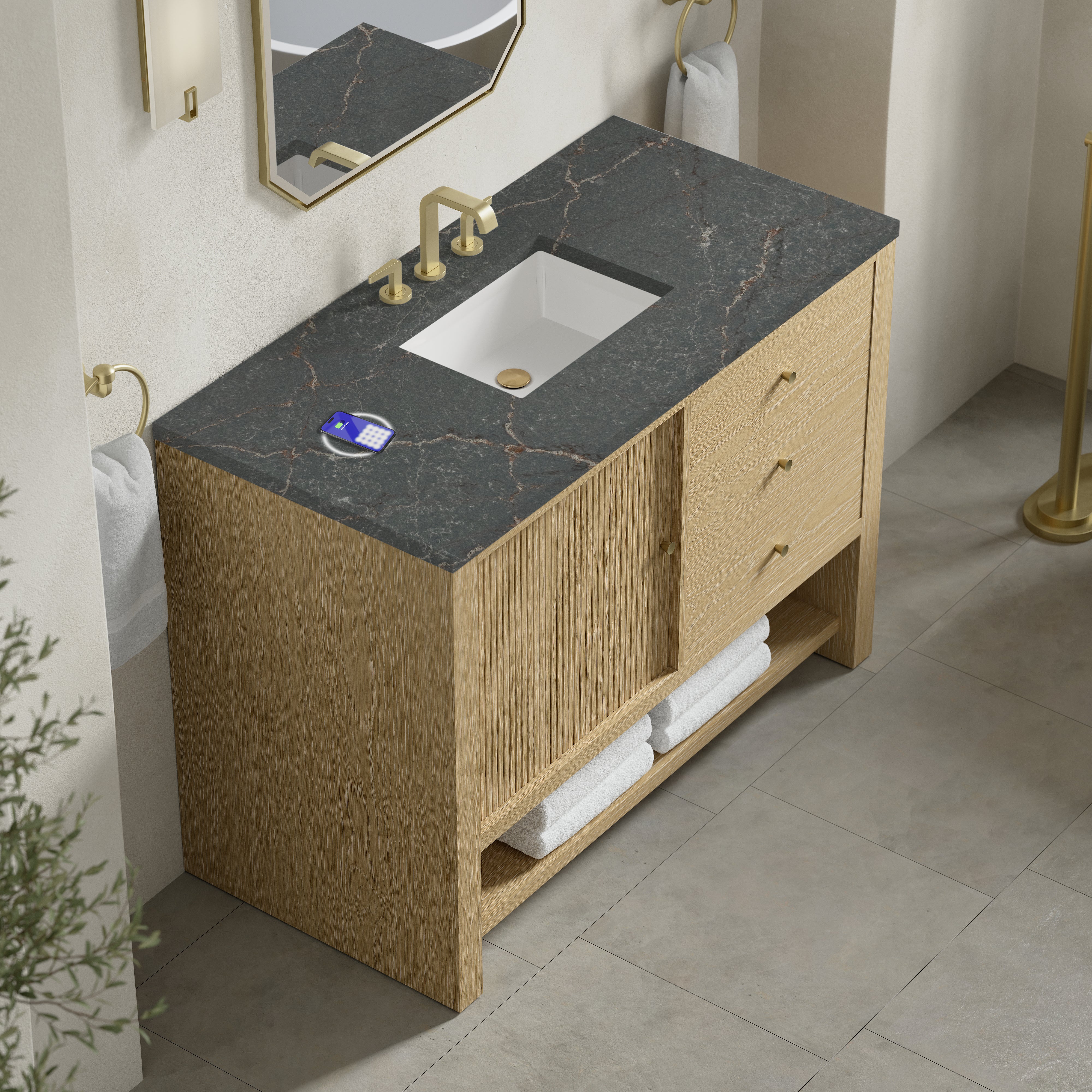 James Martin Marigot 48" Single Vanity in Sunwashed Oak with 3cm Countertop and FreePower Wireless Charger