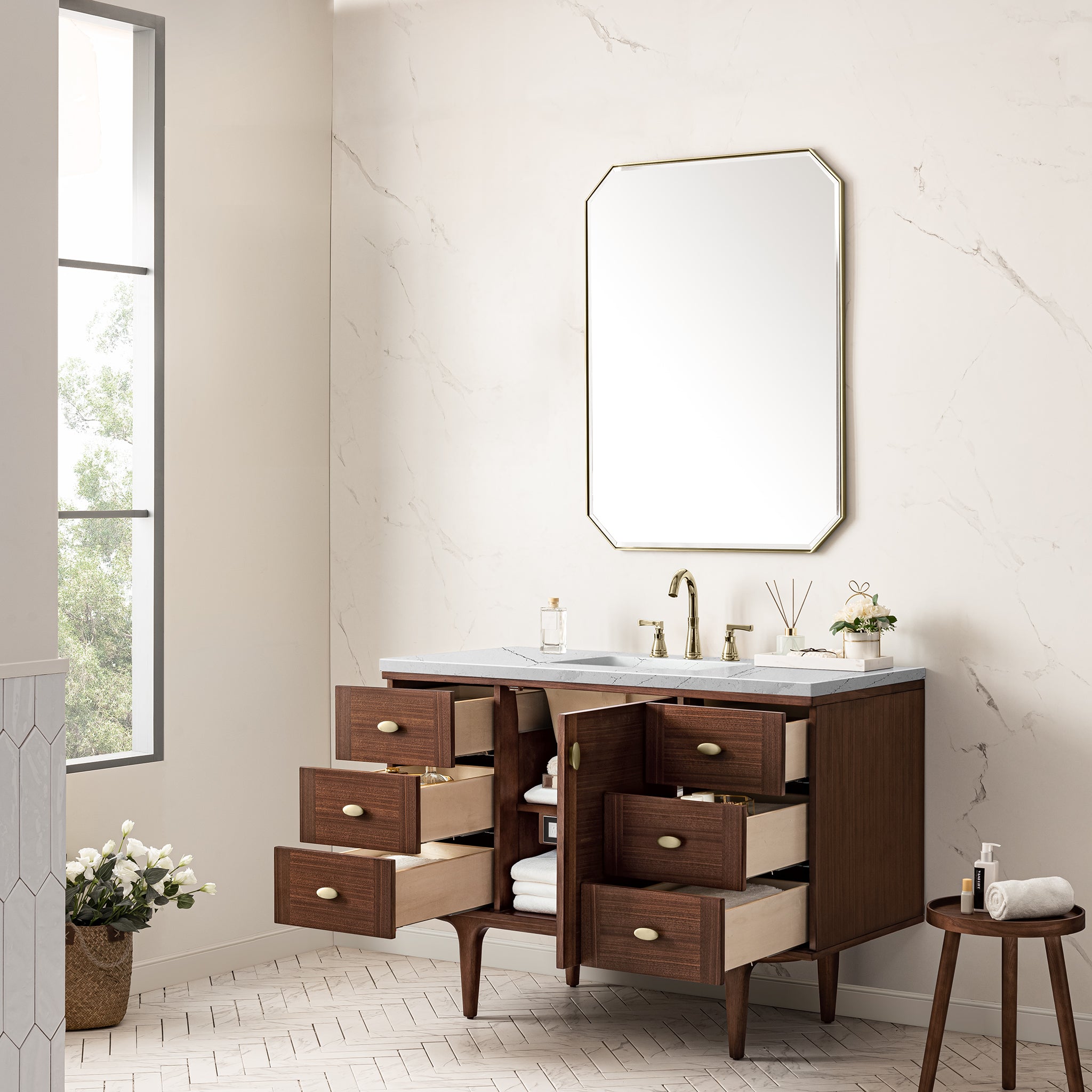 James Martin Amberly 48" Single Vanity in Mid-Century Walnut with 3cm Countertop and FreePower Wireless Charger