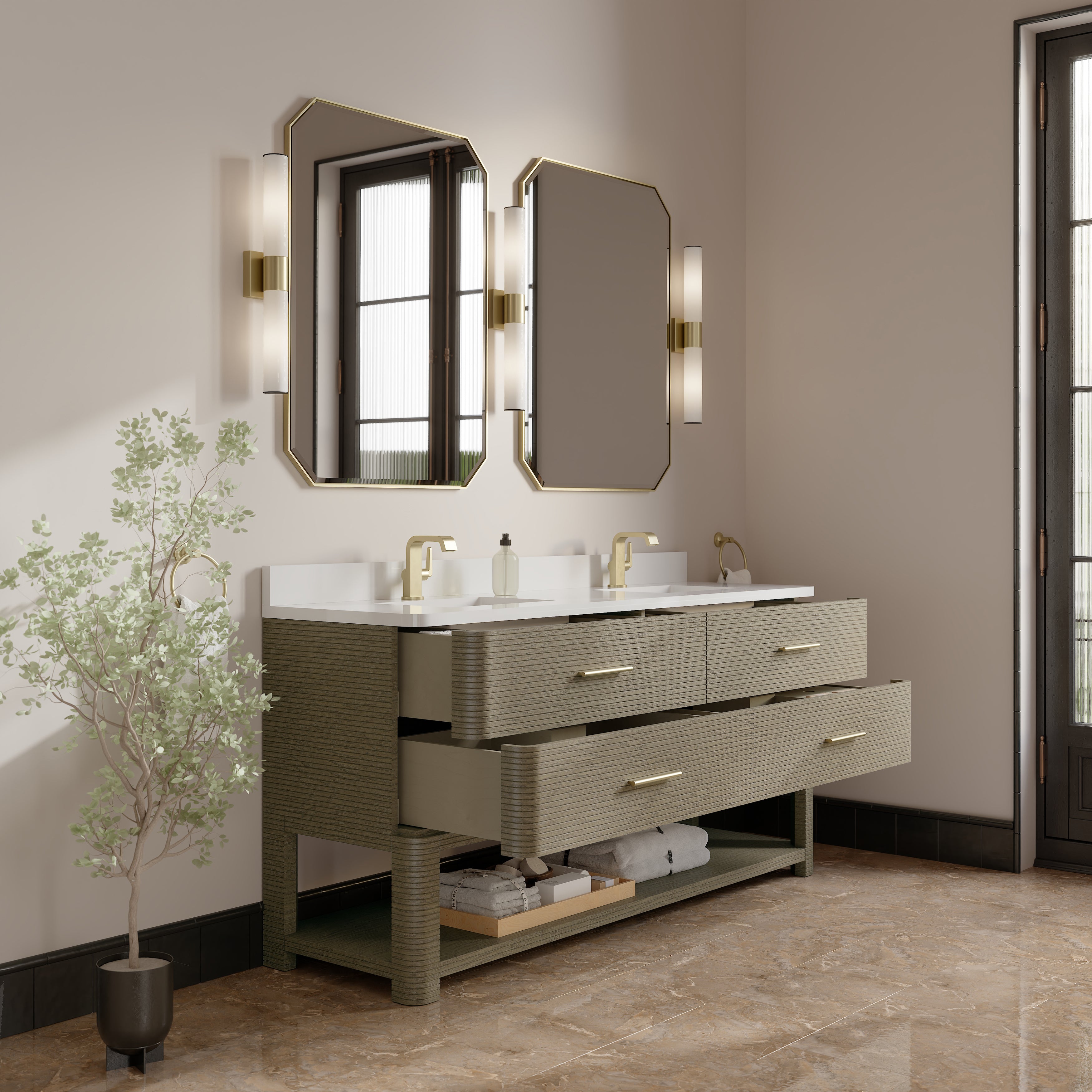 James Martin Lucian 72" Double Vanity in Pebble Oak with 3cm Countertop