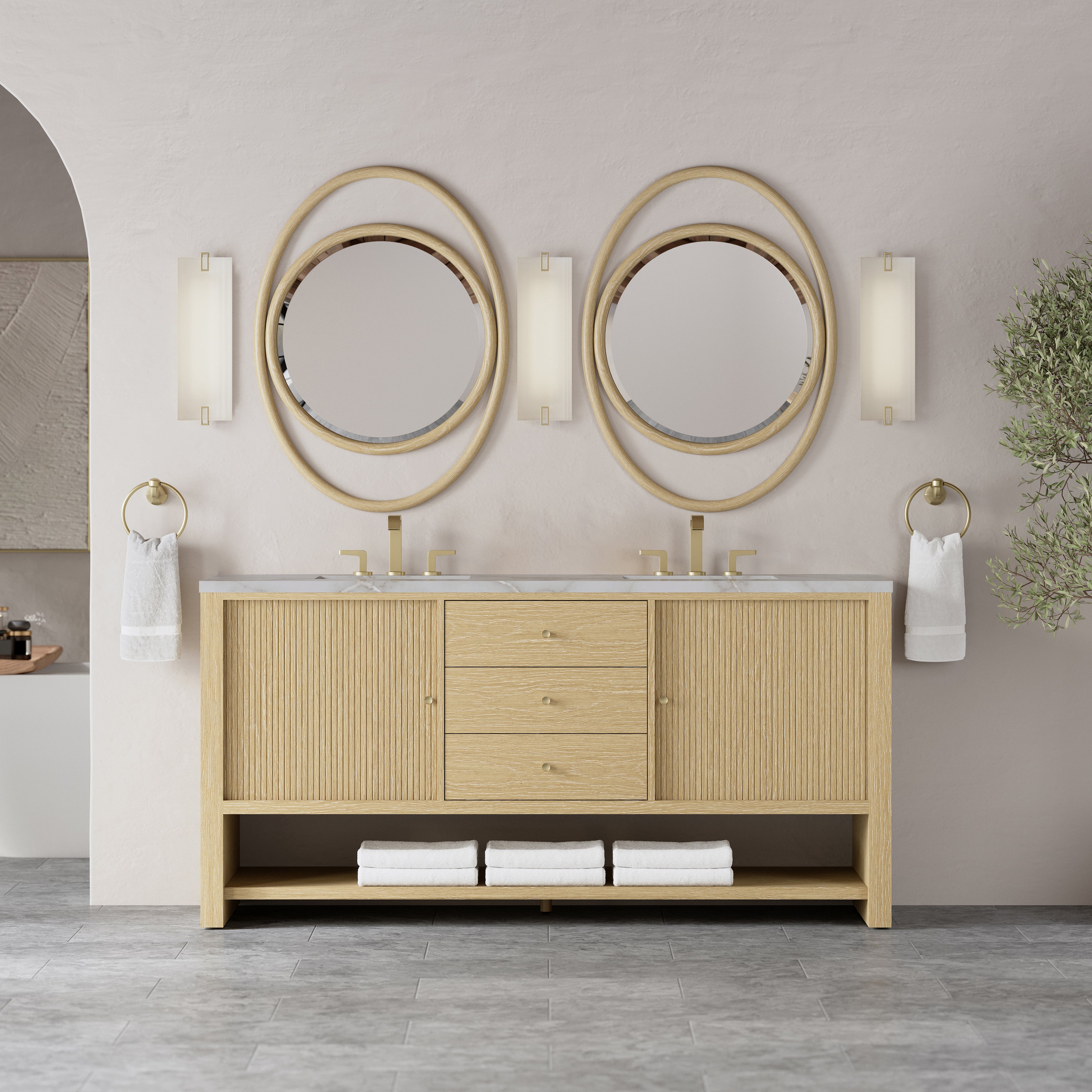 James Martin Marigot 72" Double Vanity in Sunwashed Oak with 3cm Countertop and FreePower Wireless Charger