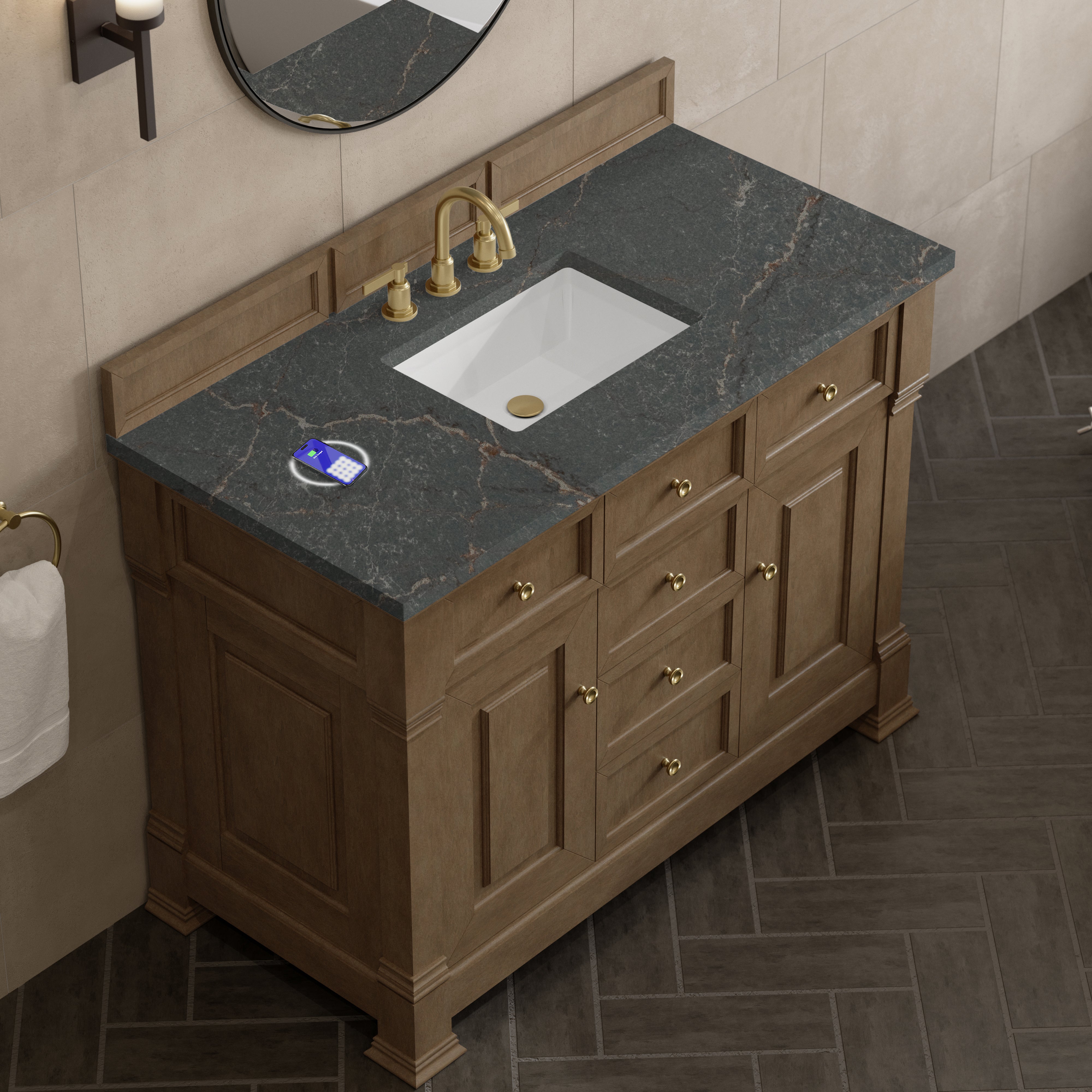 James Martin Brookfield 48" Single Vanity in Pecan with 3cm Countertop and FreePower Wireless Charger