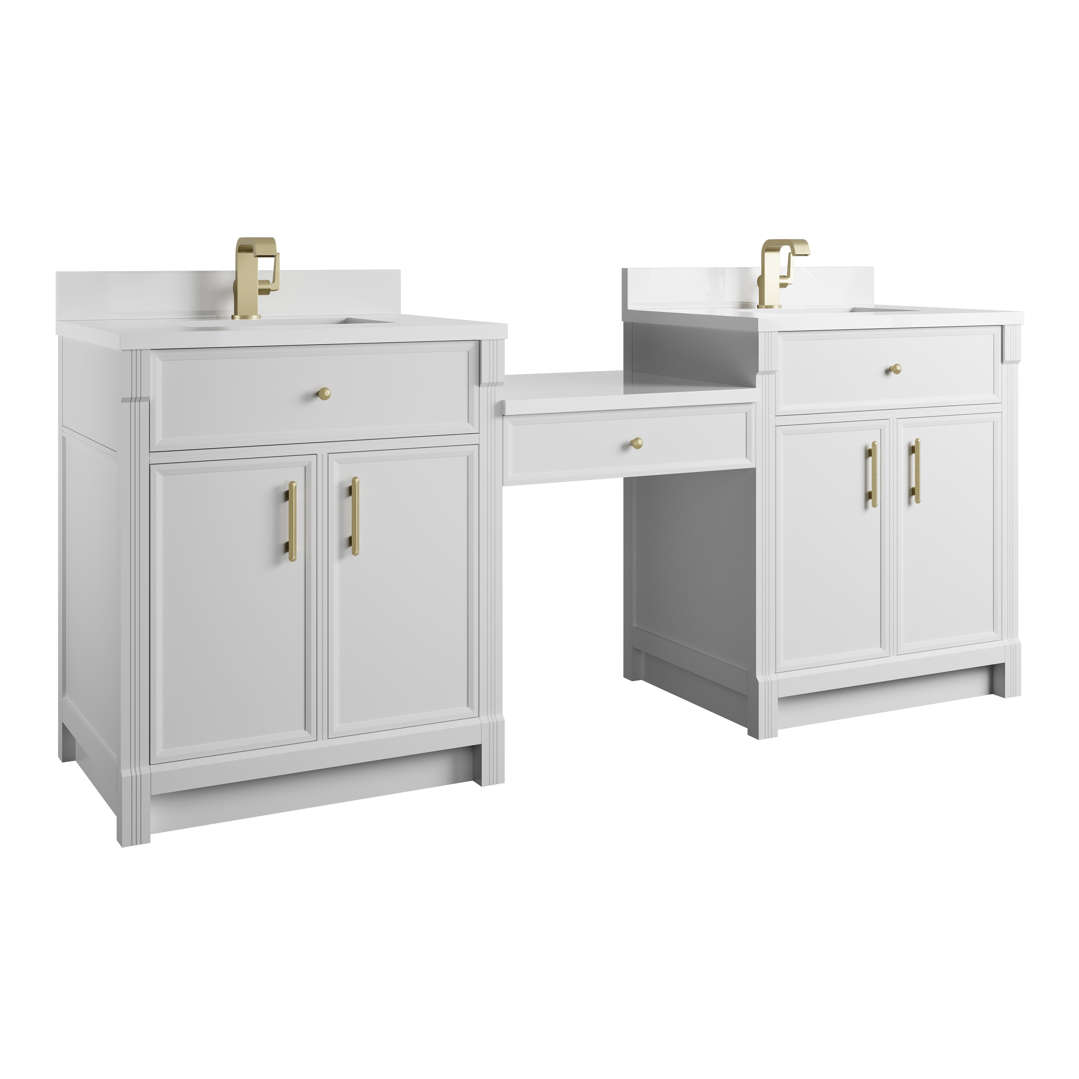 James Martin Bellshire 84" Dual Vanity Set with 24" Make-Up Counter in Bright White with 3cm Countertop