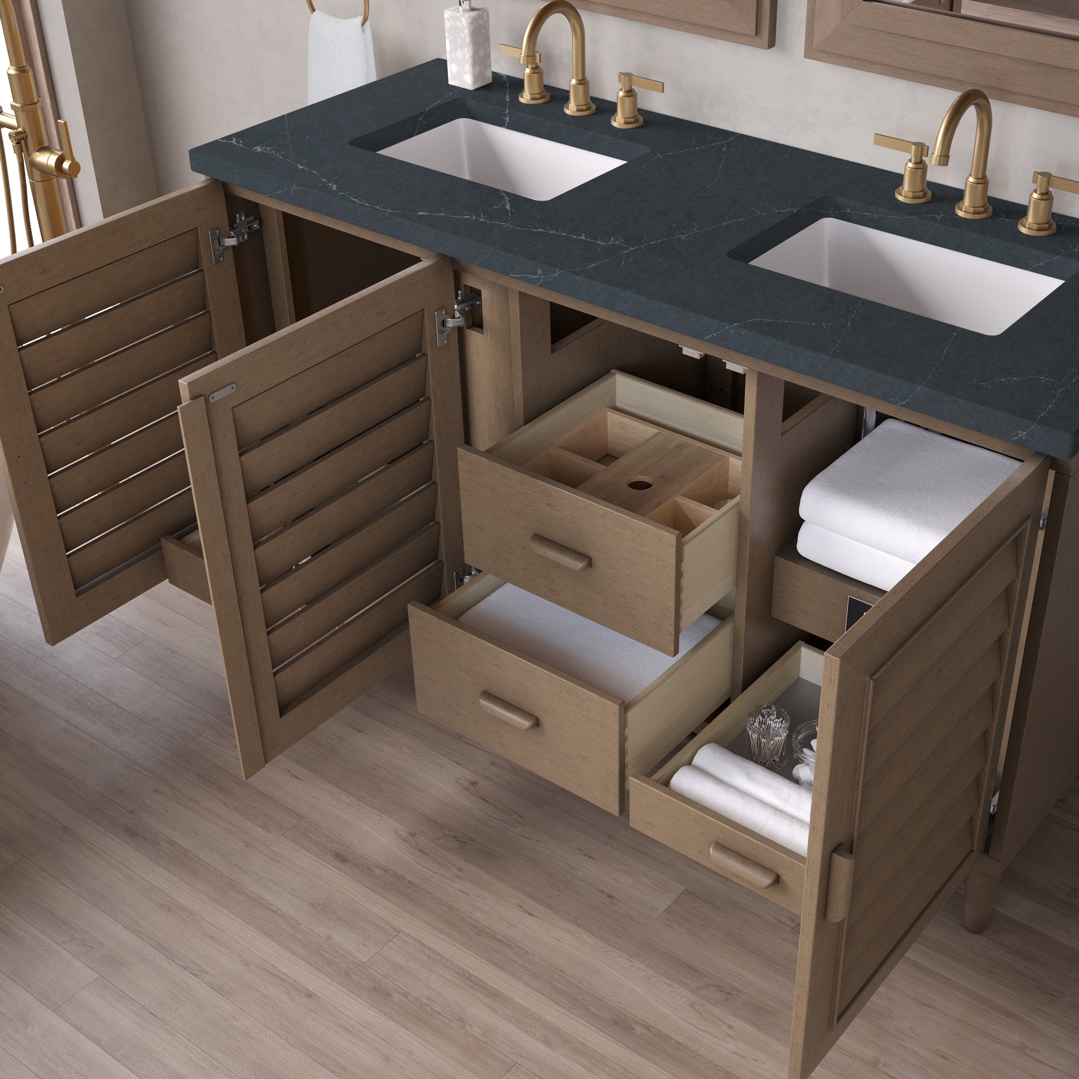James Martin Portland 60" Double Vanity in Whitewashed Walnut with 3cm Countertop