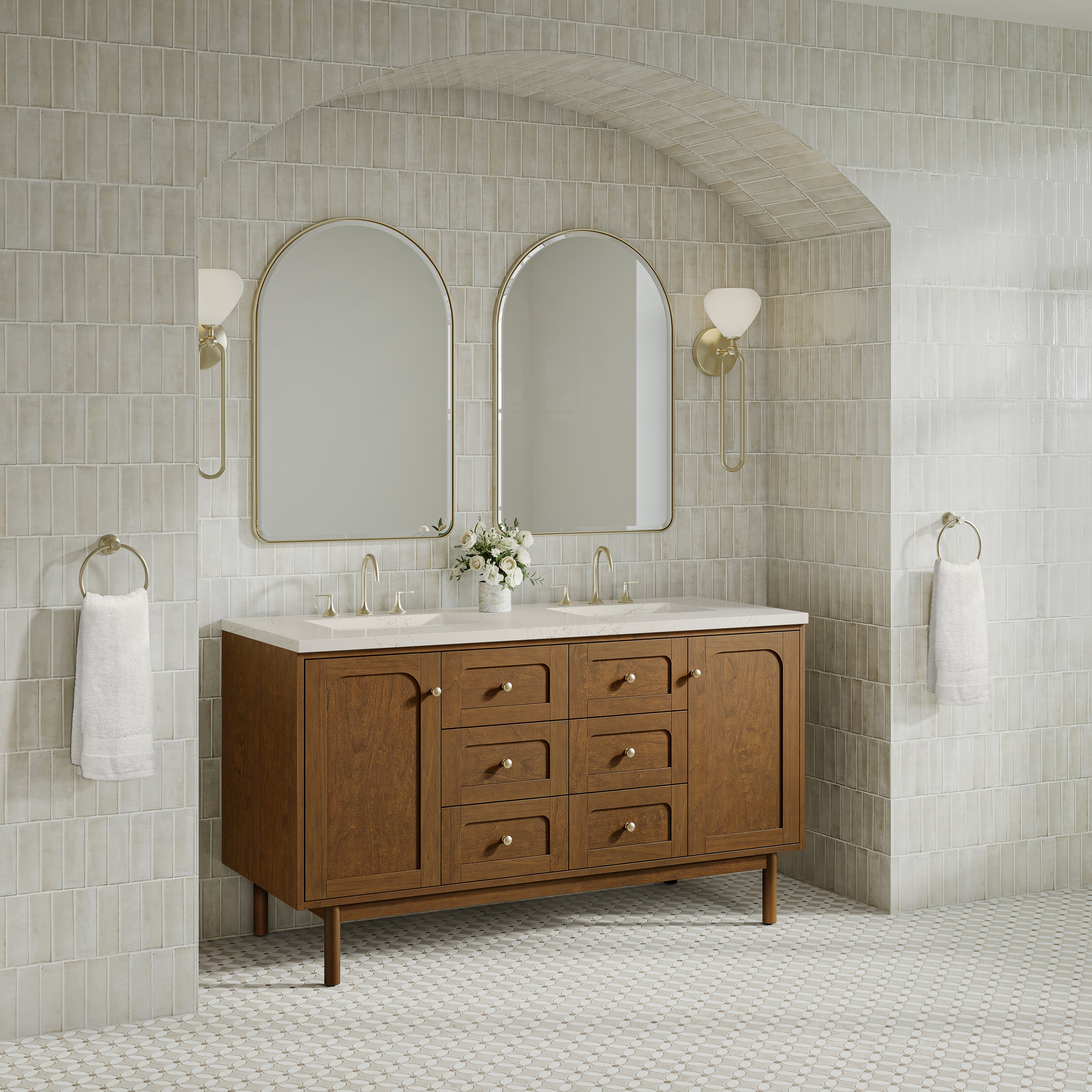 James Martin Laurent 60" Double Vanity in Honey Oak with 3cm Countertop and FreePower Wireless Charger