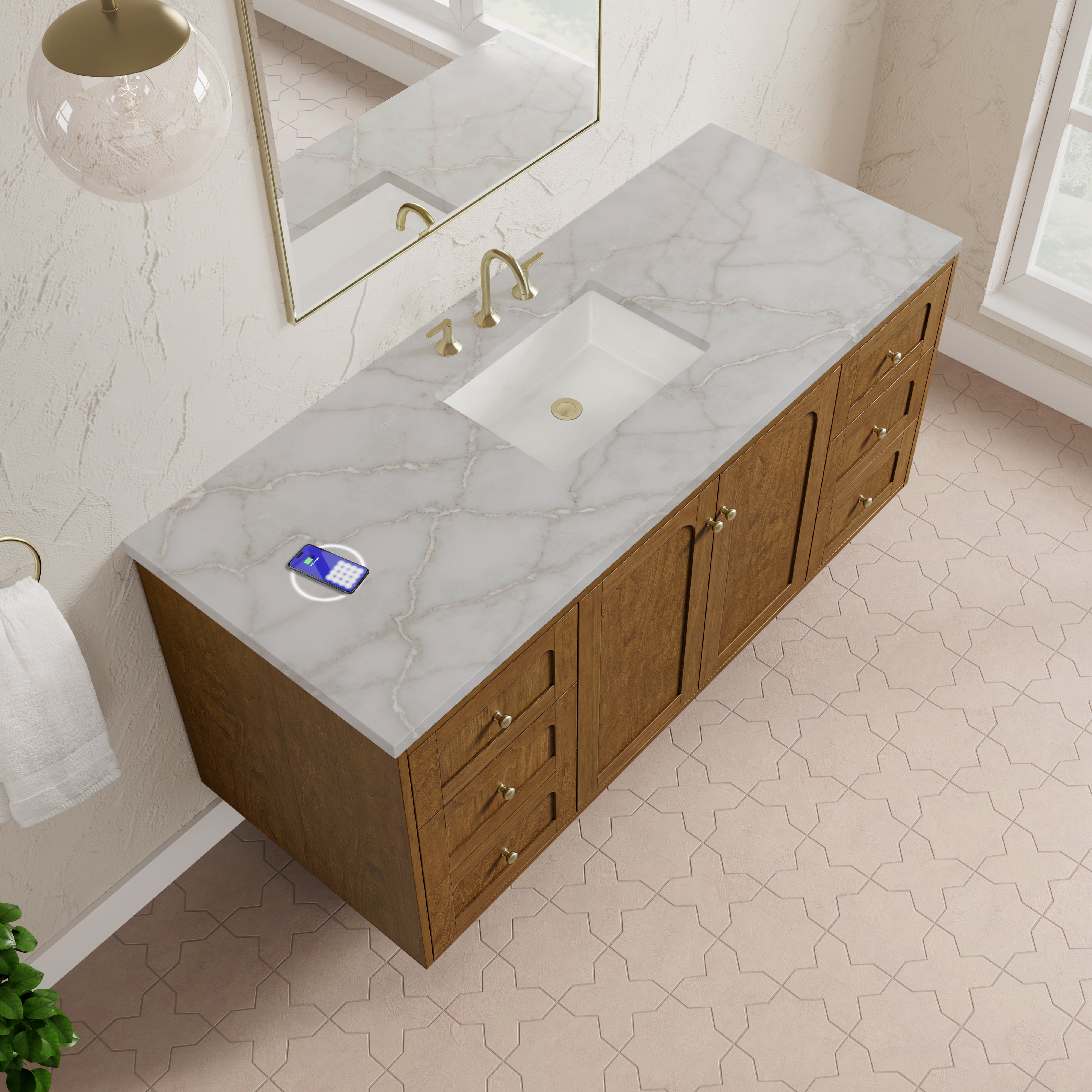 James Martin Laurent 60" Single Vanity in Honey Oak with 3cm Countertop and FreePower Wireless Charger
