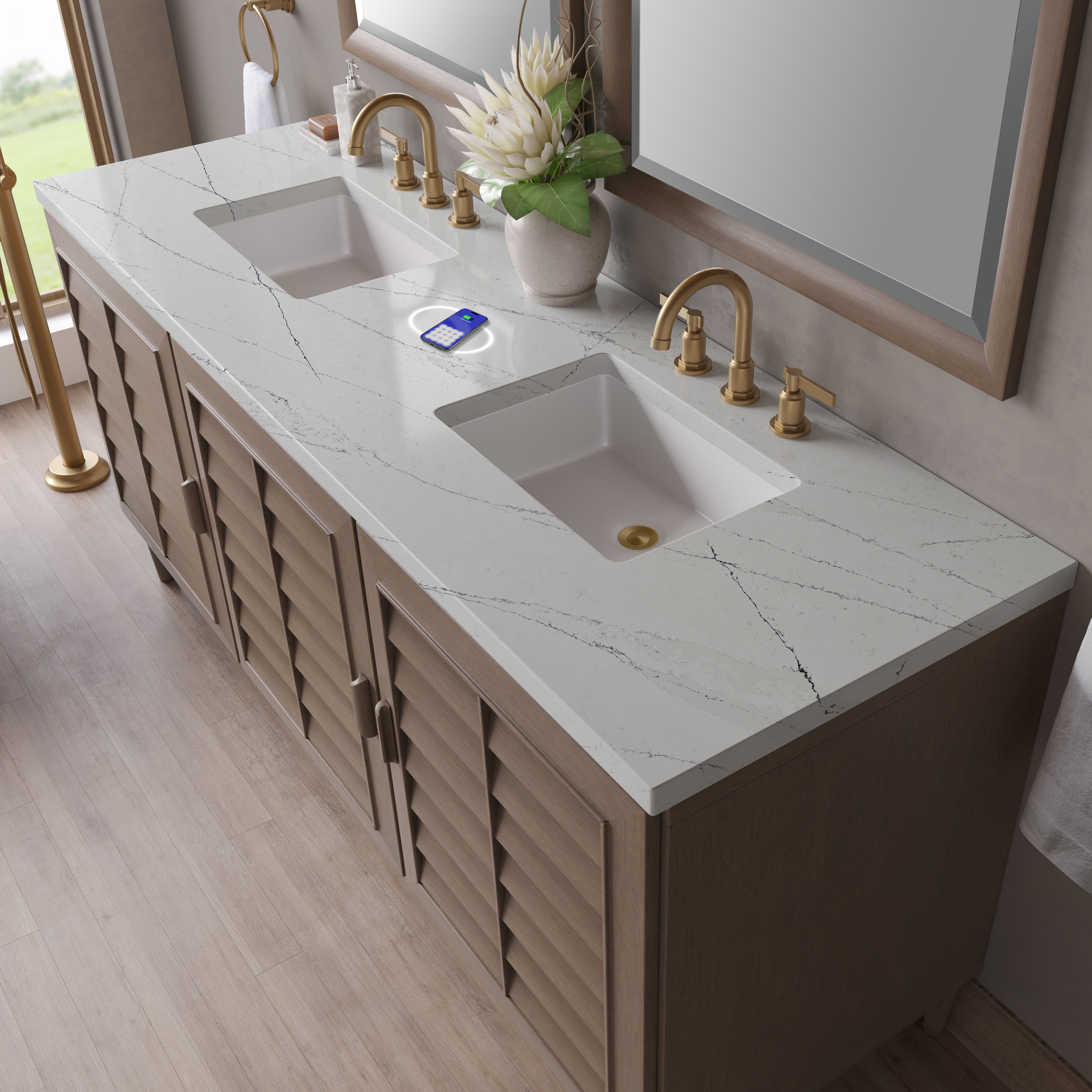 James Martin Portland 72" Double Vanity in Whitewashed Walnut with 3cm Countertop and FreePower Wireless Charger