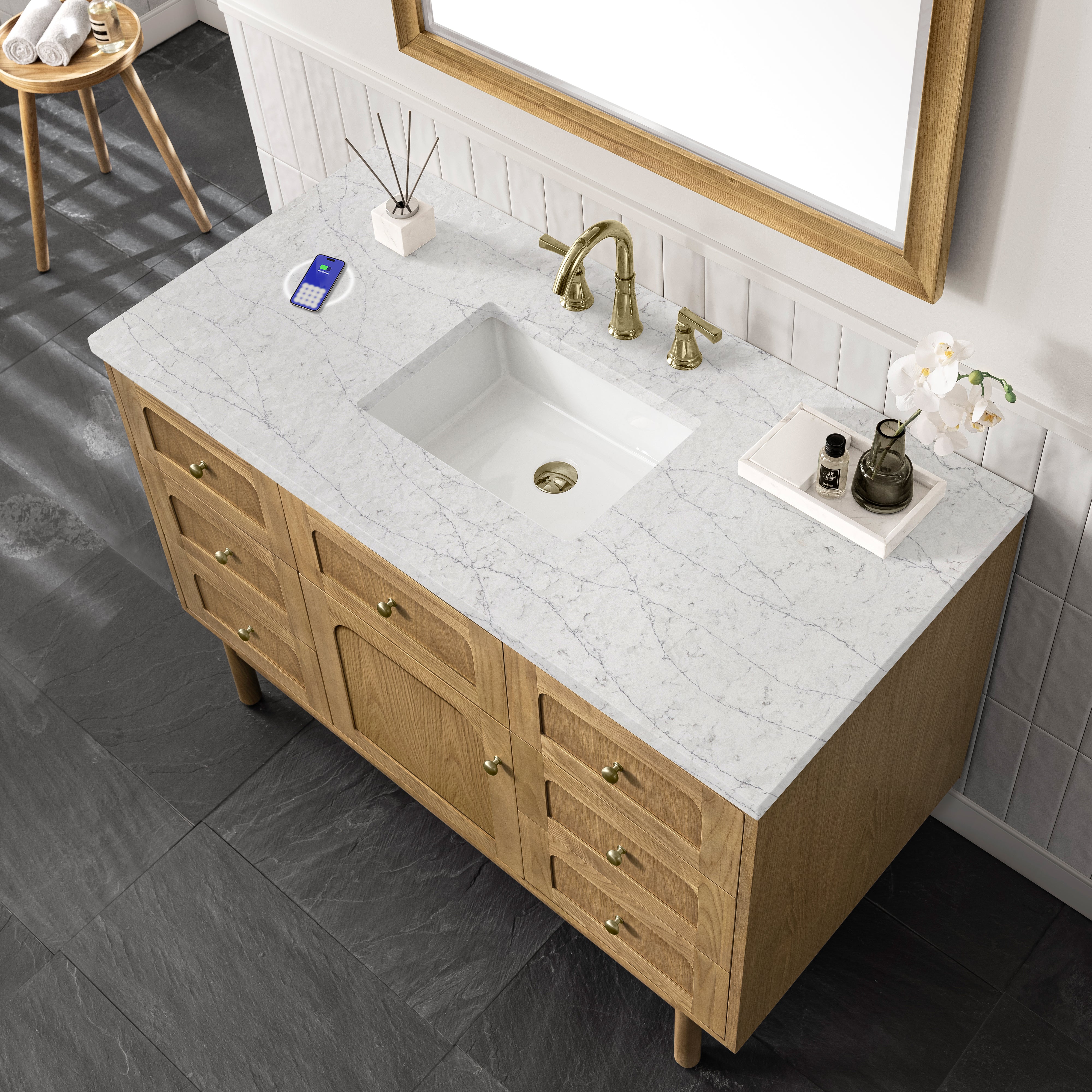 James Martin Laurent 48" Single Vanity in Light Natural Oak with 3cm Countertop and FreePower Wireless Charger