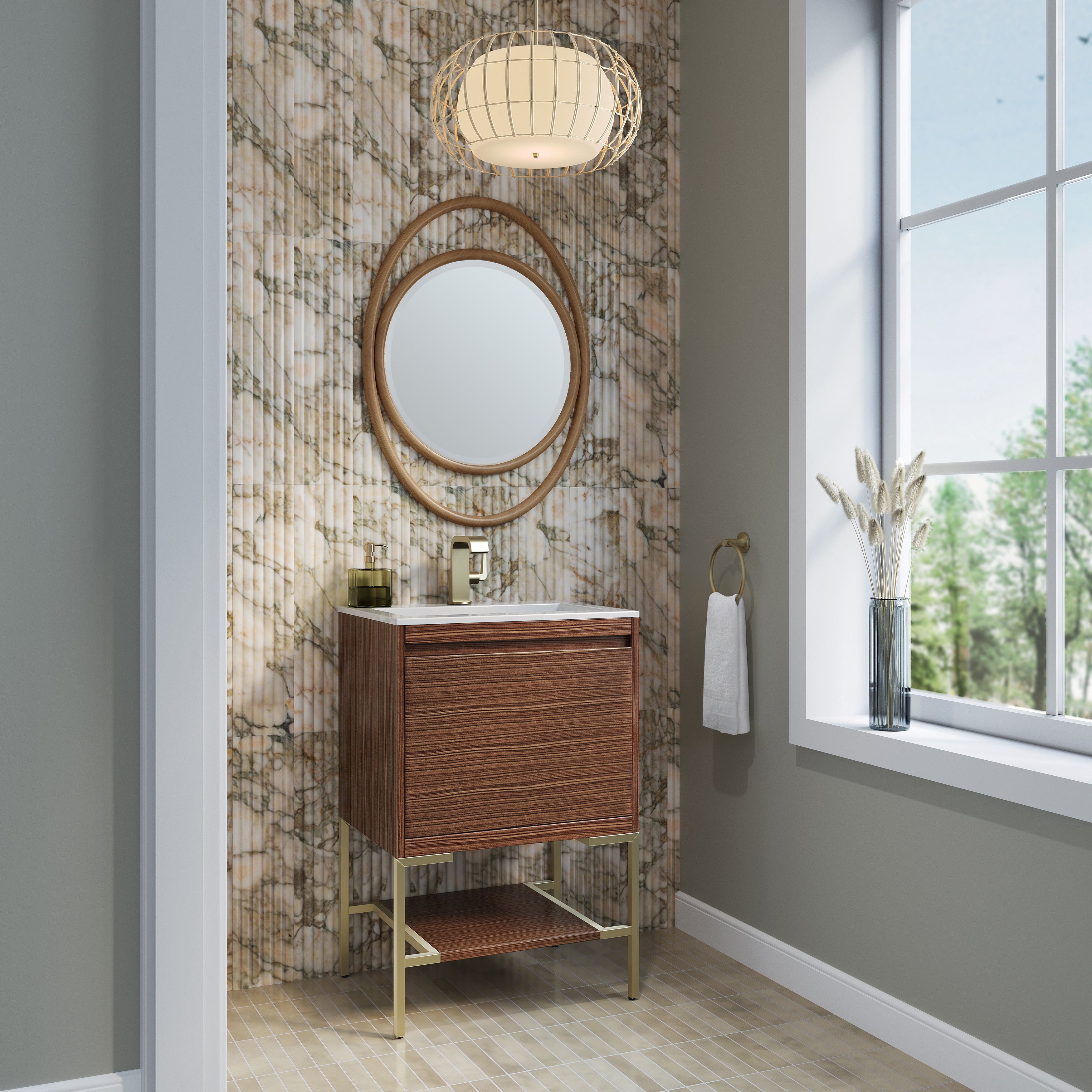 James Martin Mantova 23.6" Single Vanity, Mid-Century Walnut, Champagne Brass Base with Charcoal Black Composite Stone Top