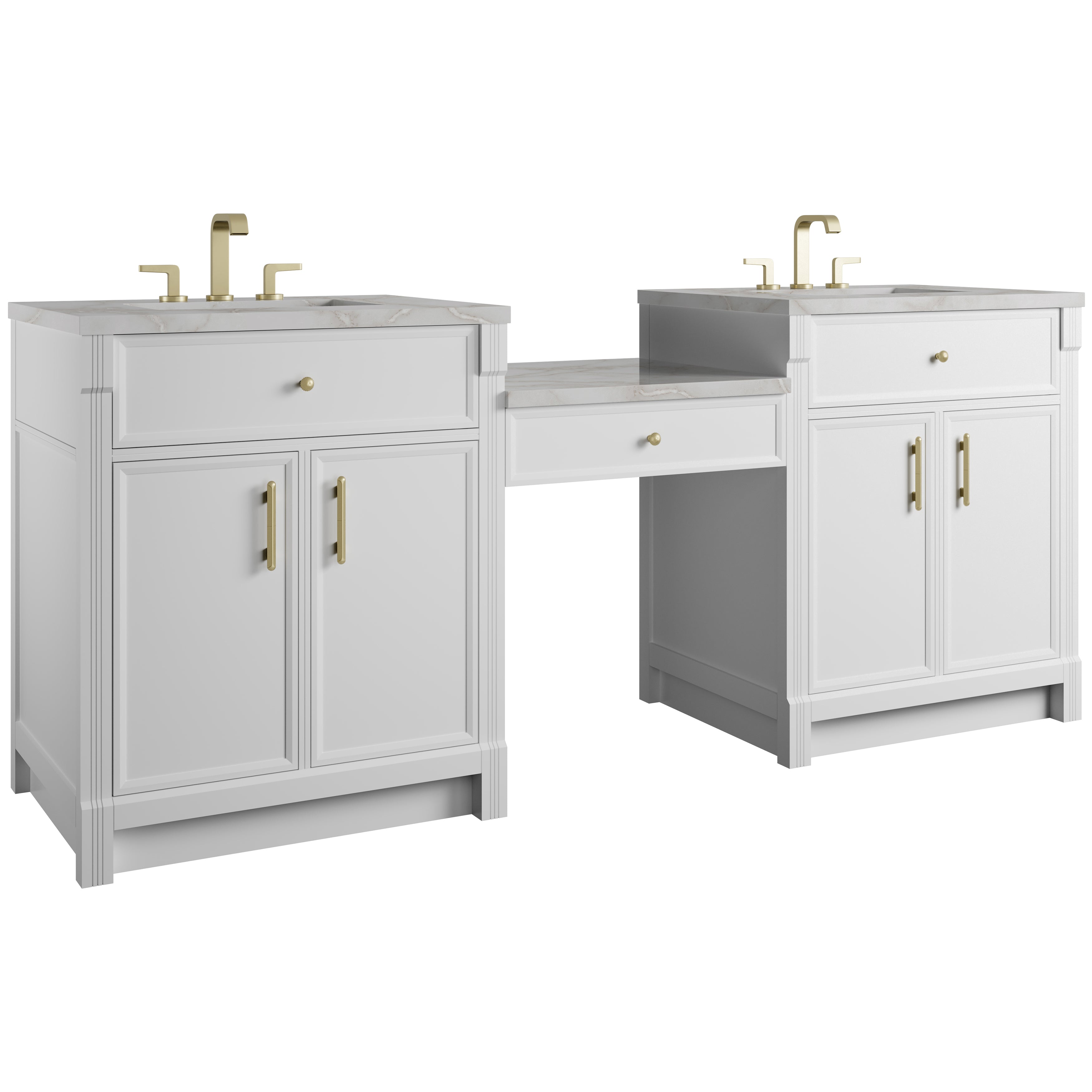 James Martin Bellshire 84" Dual Vanity Set with 24" Make-Up Counter in Bright White with 3cm Countertop