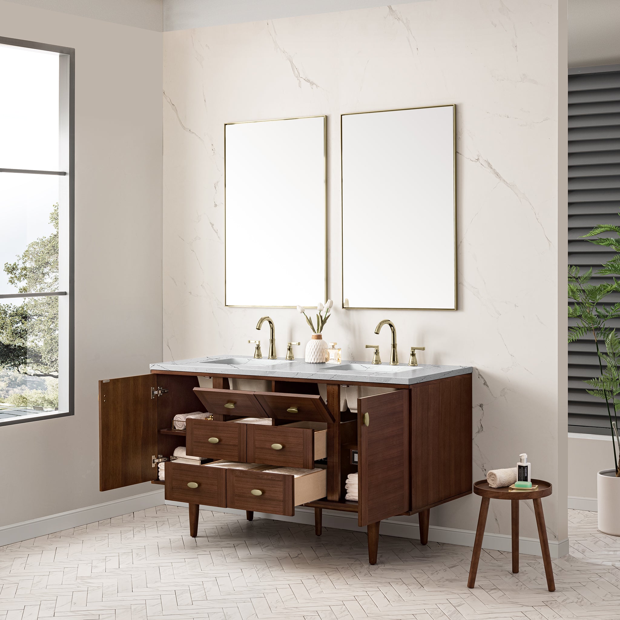 James Martin Amberly 60" Double Vanity in Mid-Century Walnut with 3cm Countertop and FreePower Wireless Charger