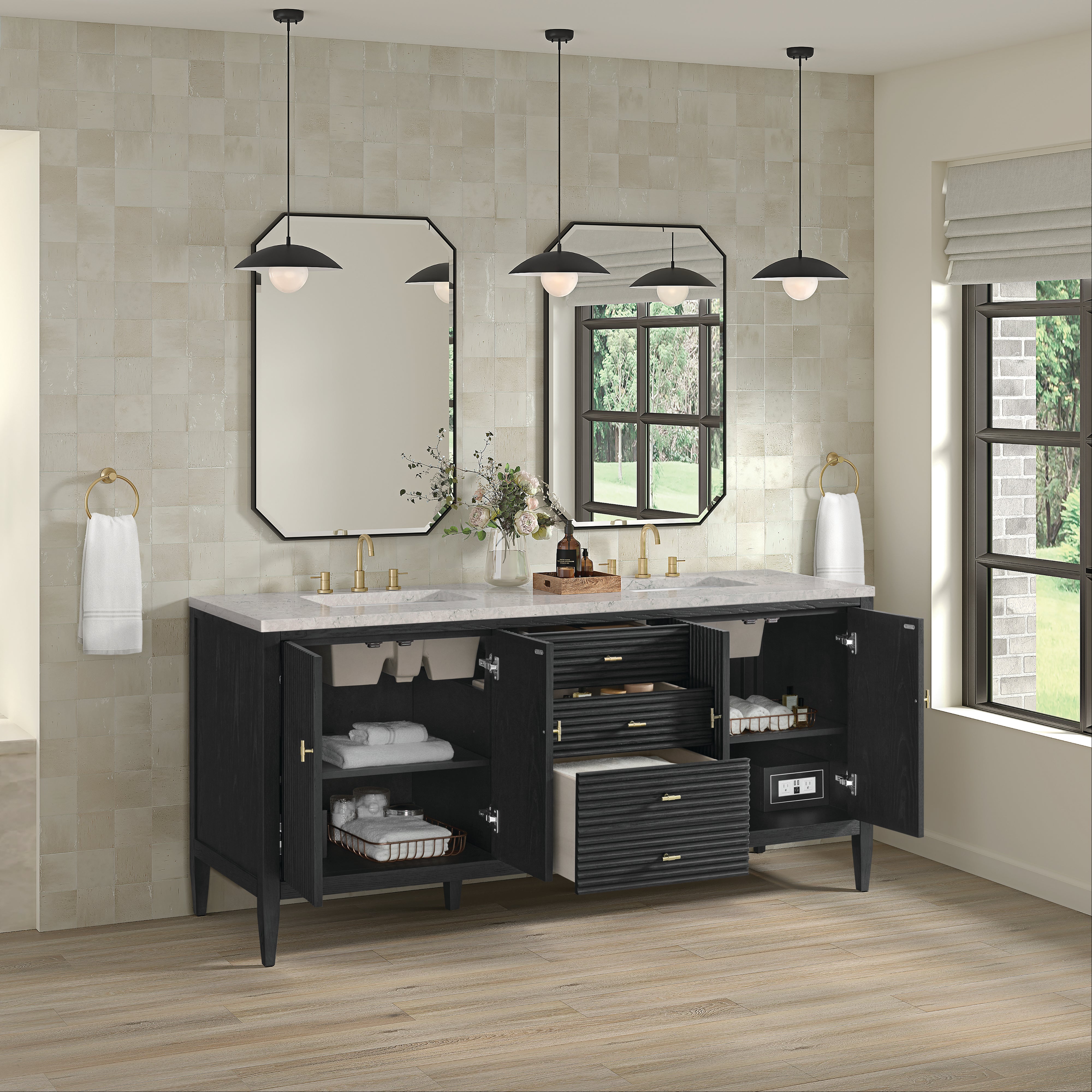 James Martin Myrrin 72" Double Vanity in Carbon Oak with 3cm Countertop and FreePower Wireless Charger