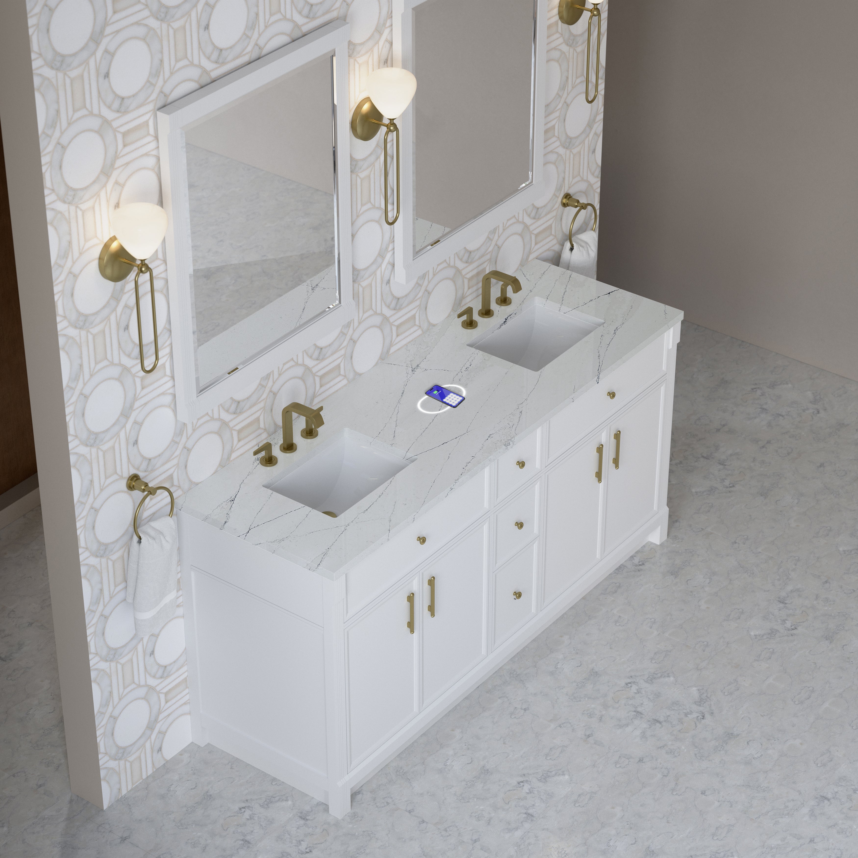 James Martin Bellshire 72" Double Vanity in Bright White with 3cm Countertop and FreePower Wireless Charger