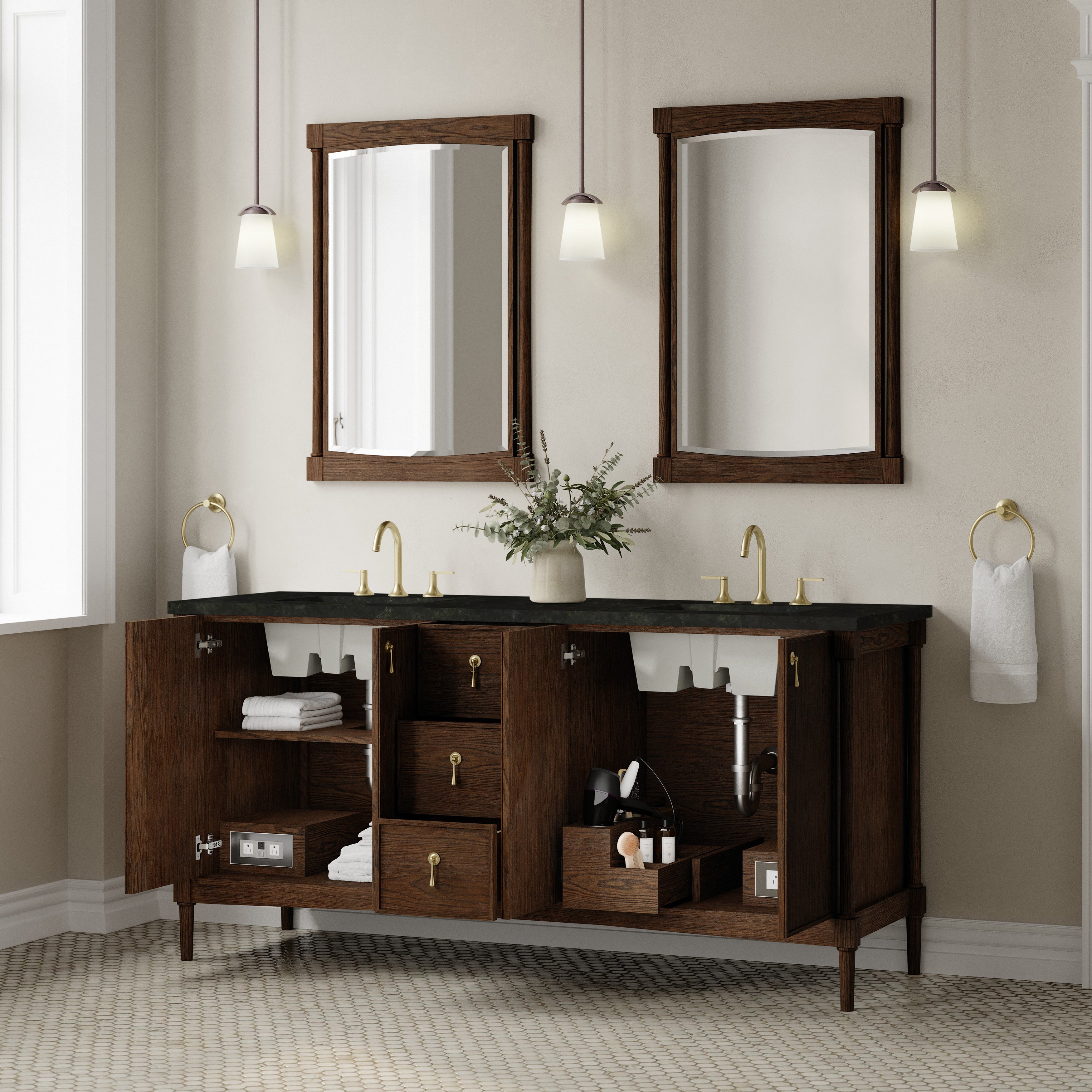 James Martin Kinnsden 72" Double Vanity in Sable Oak with 3cm Carrara Marble Top