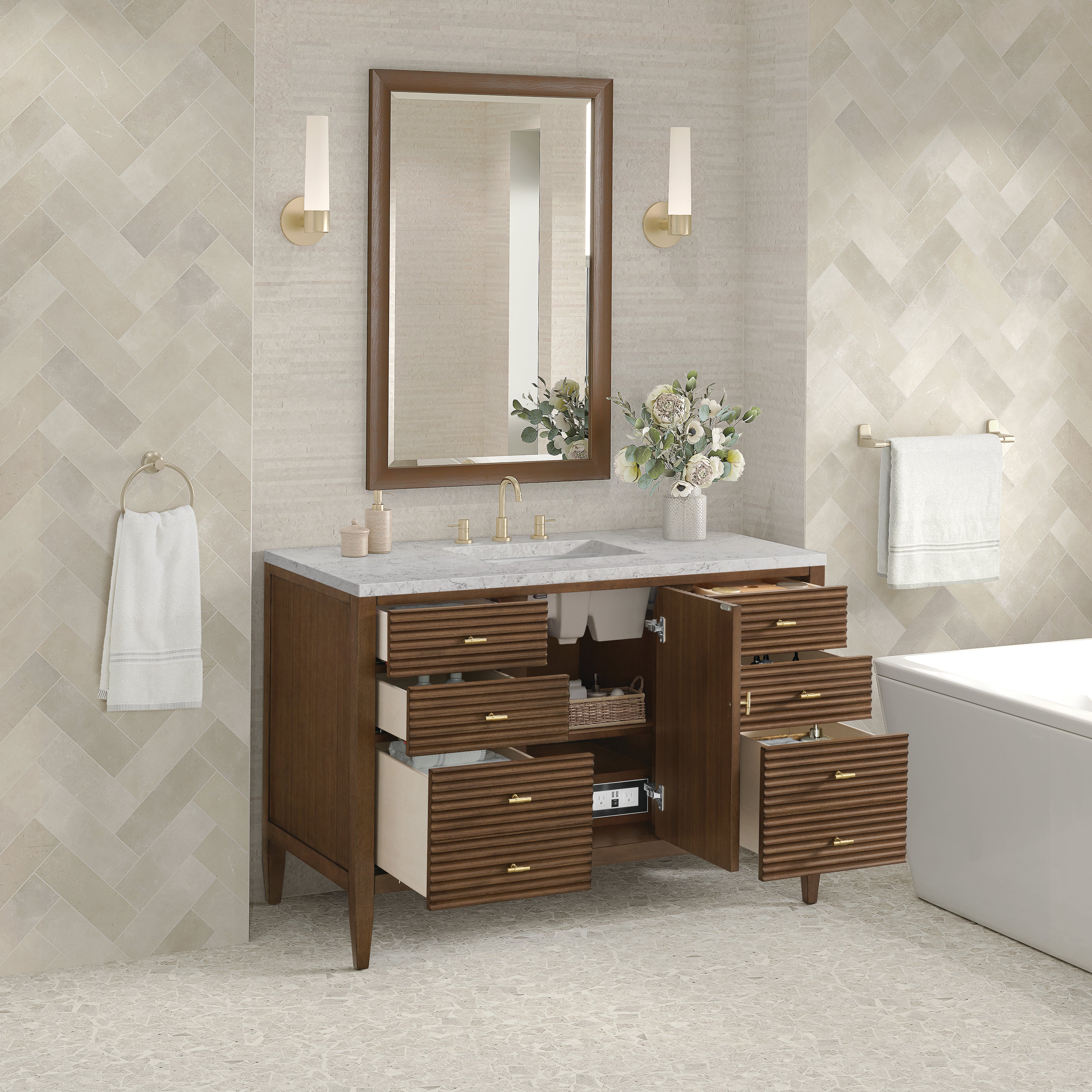 James Martin Myrrin 48" Single Vanity in Mid Century Walnut with 3cm Countertop and FreePower Wireless Charger