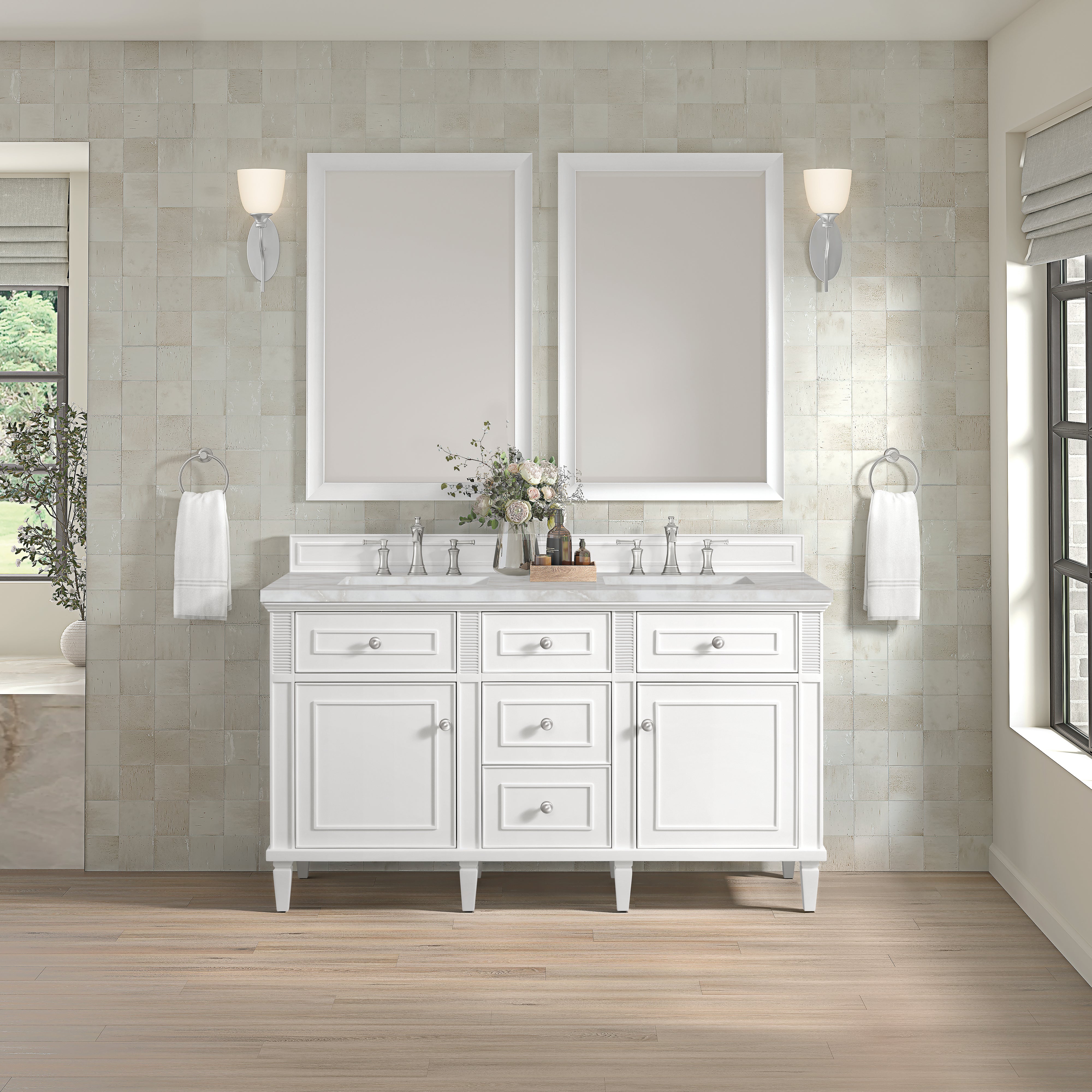 James Martin Lorelai 60" Double Vanity in Bright White with 3cm Countertop and FreePower Wireless Charger