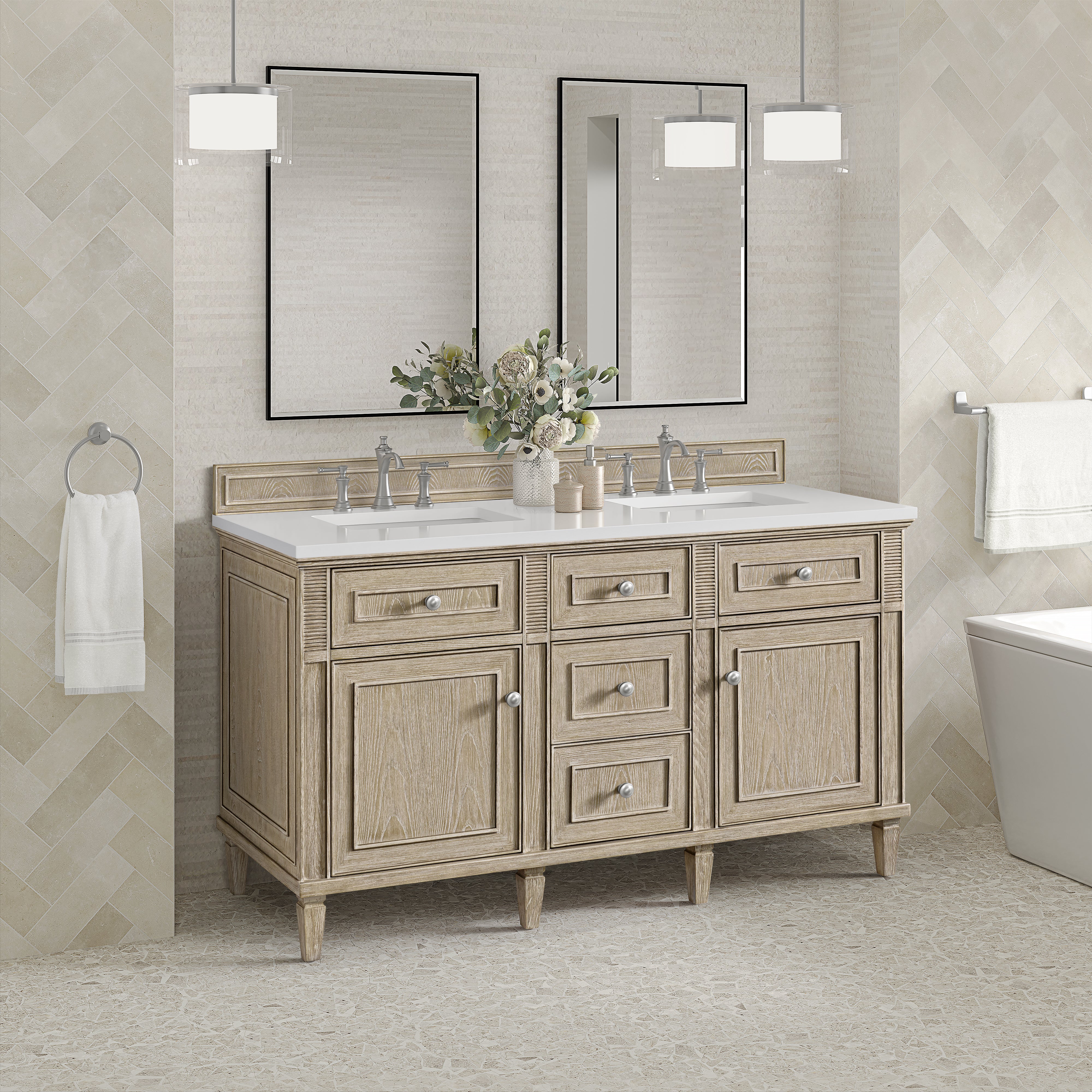 James Martin Lorelai 60" Double Vanity in Whitewashed Oak with 3cm Countertop
