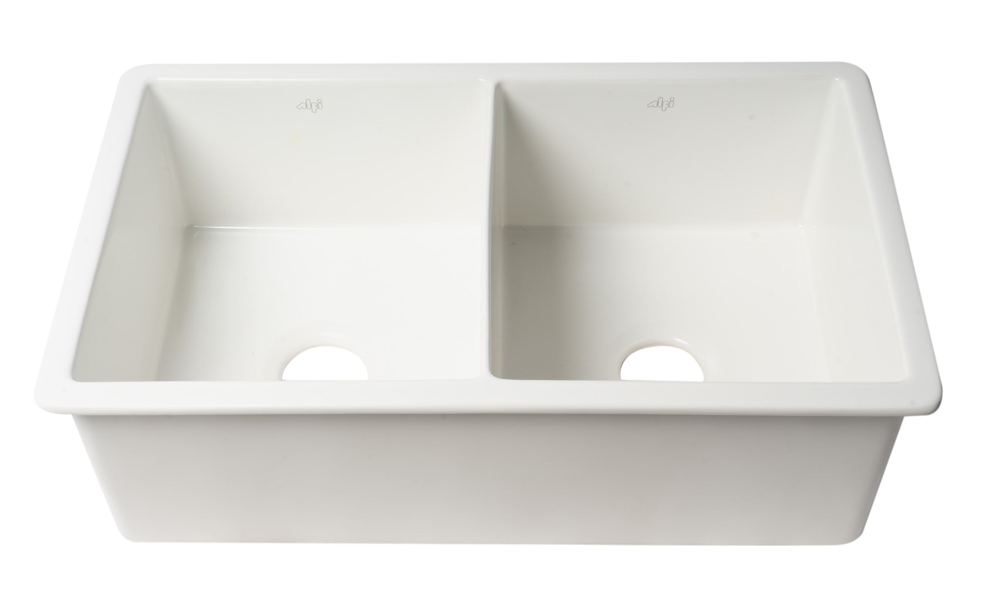 ALFI brand ABF3219DUD ABF3219DUD-W White 32" x 19" Double Bowl Fireclay Undermount / Drop In Kitchen Sink w Grid